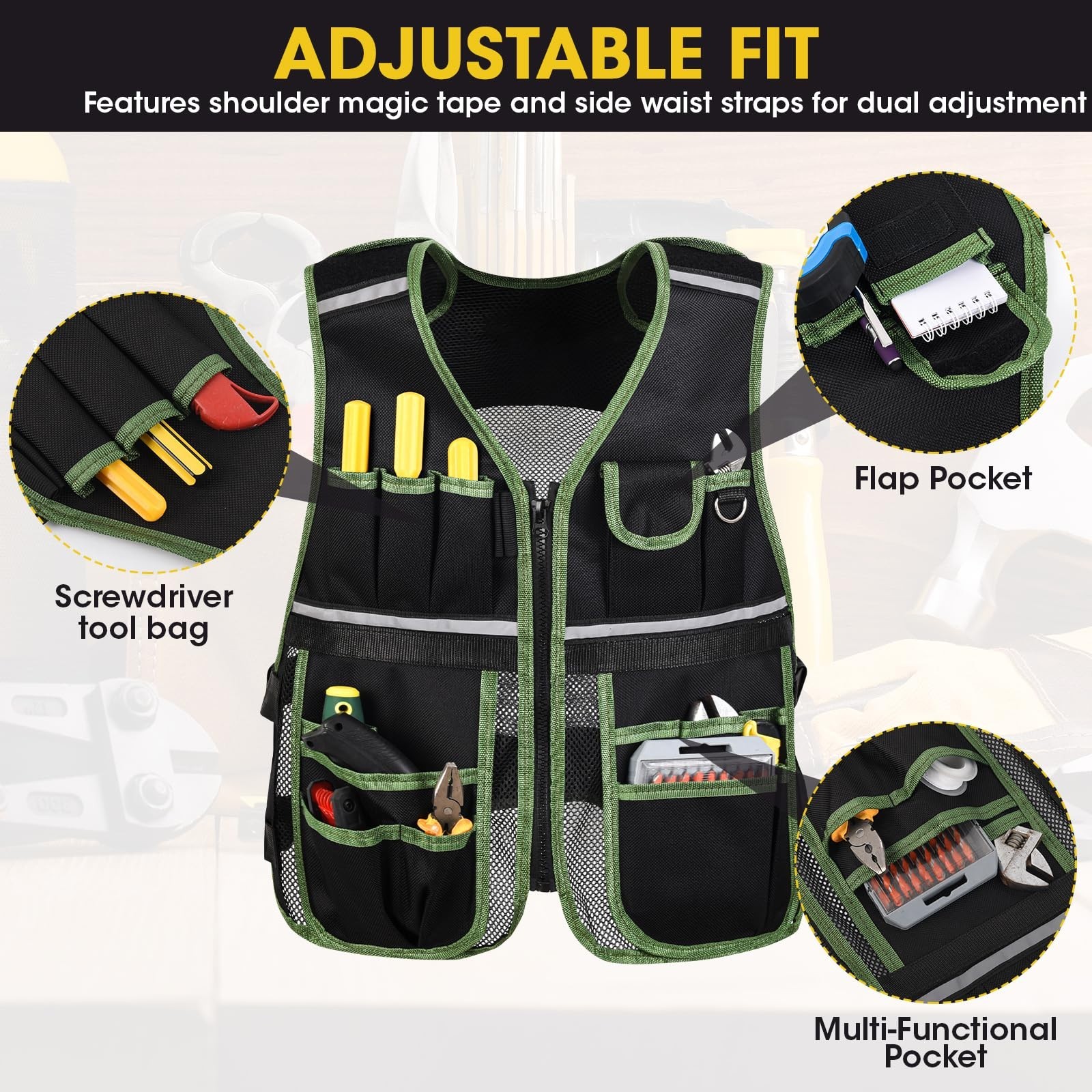 Adjustable 3-in-1 Tool Vest with Magnetic Wristband & Belt | Breathable, Multi-P