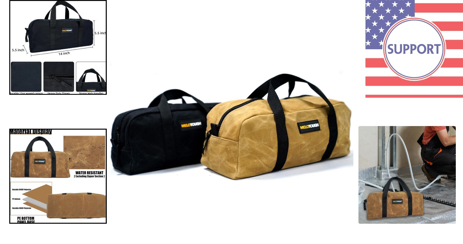 Sturdy 14” Waxed Canvas Utility Tote Pack with Dual Storage Bags – Tan & Black