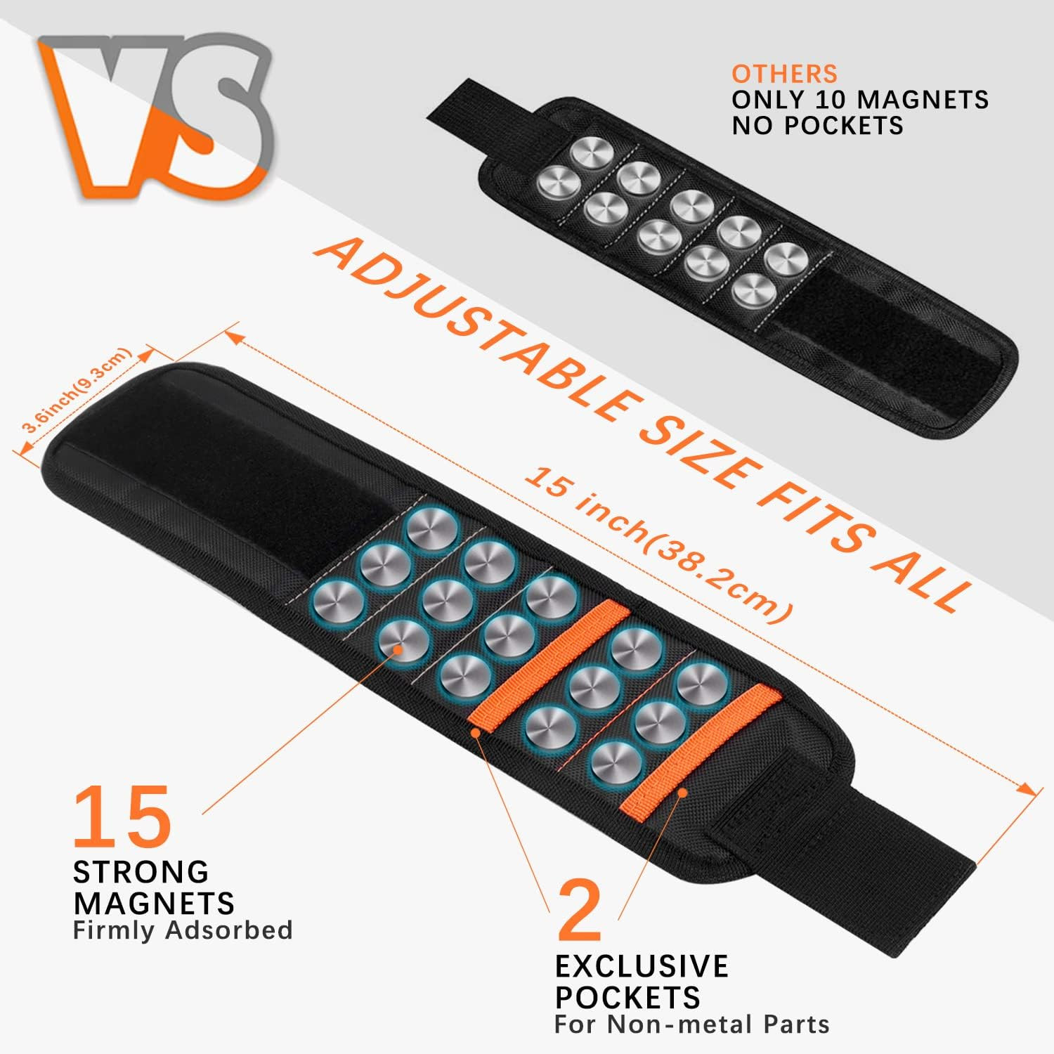 Magnetic Wristband with 15 Strong Magnets for Holding Screws, Nails, Drill Bits,
