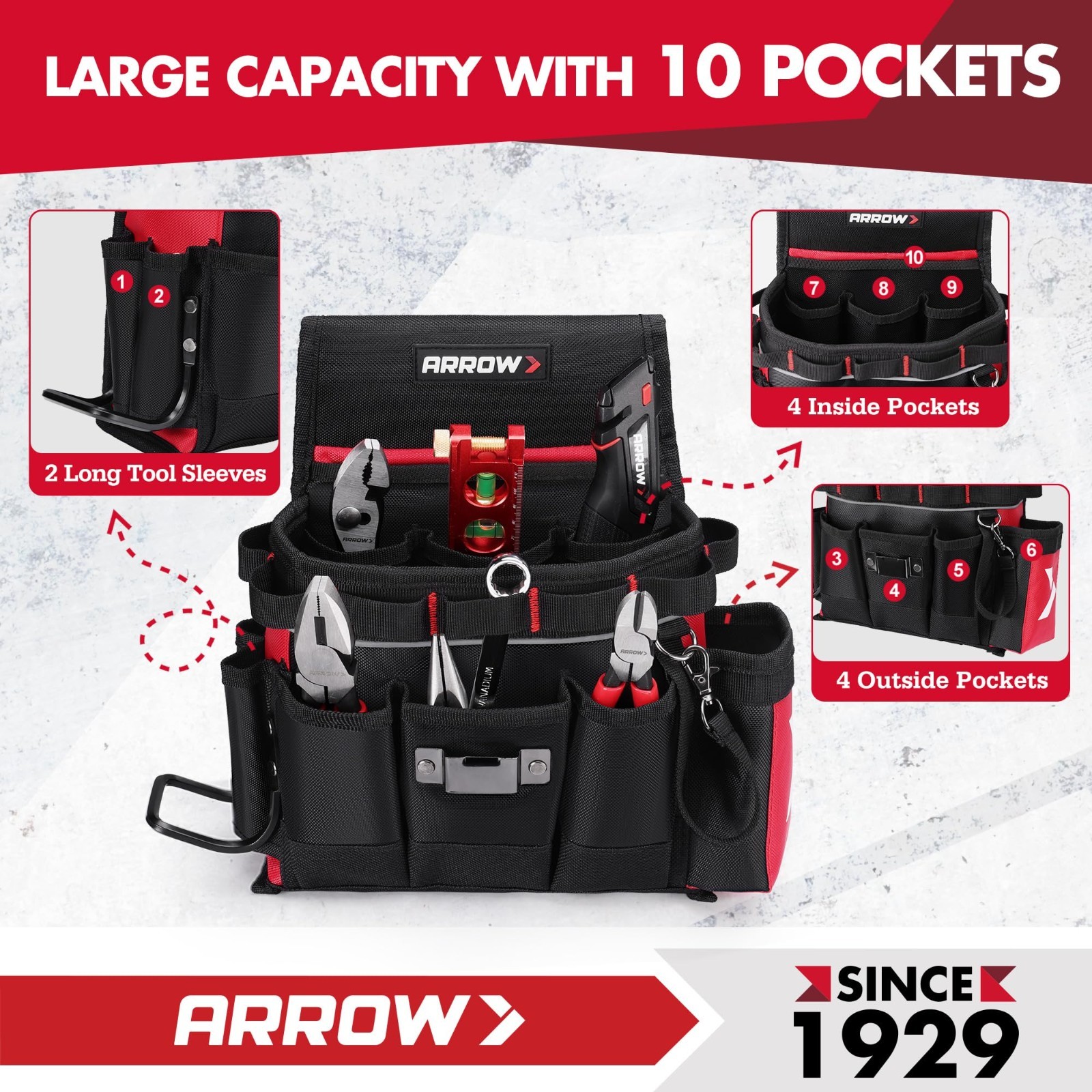 Heavy-Duty Tool Belt with 10 Pockets, Adjustable Utility Pouch for Electricians