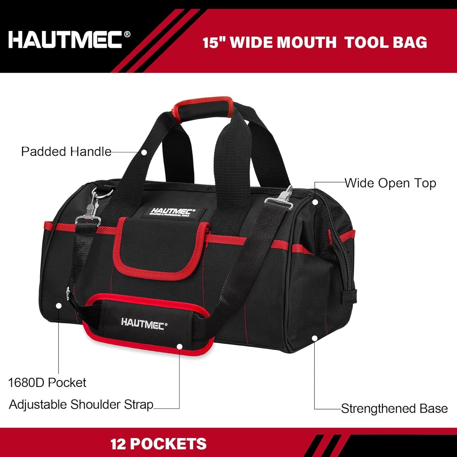2-Piece Rolling Tool Bag Set, 15″ Wheeled Tool Bag & Wide Mouth Tool Tote, Heavy