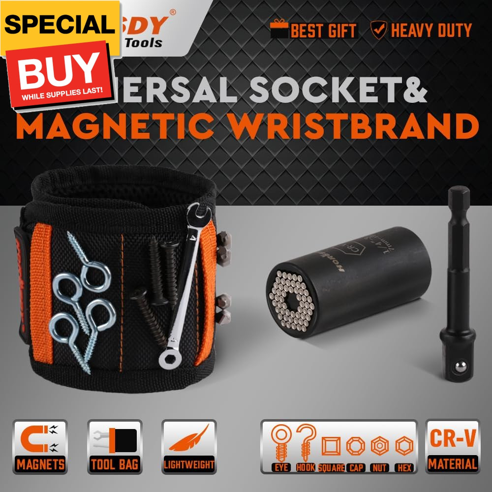 Magnetic Wristband & Universal Socket Grip (7-19mm), Tools Gifts for Dad with St