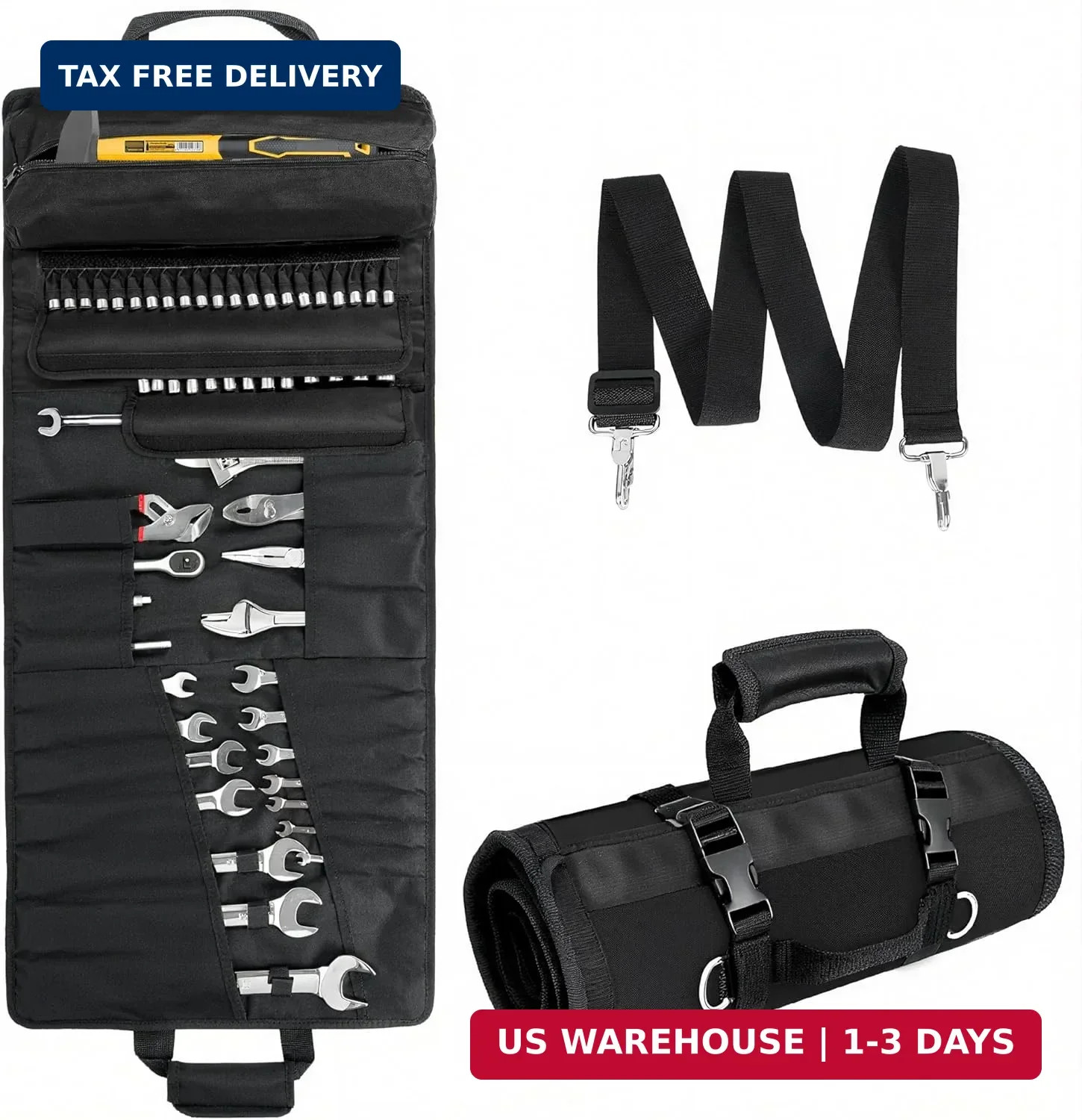 Tool Bag,Large Roll-Up Tool Bag Organizer with 28 Pocket Organizer, 34 Socket Sl
