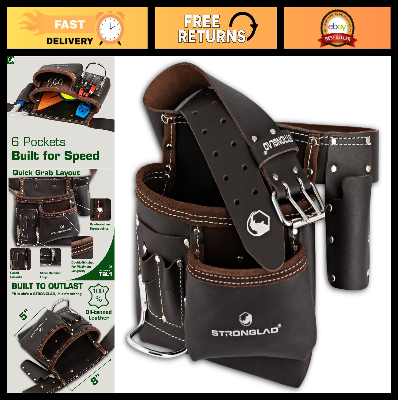6-Pocket Leather Tool Belt – Adjustable 29-46″ Utility Pouch for Carpenters, Ele