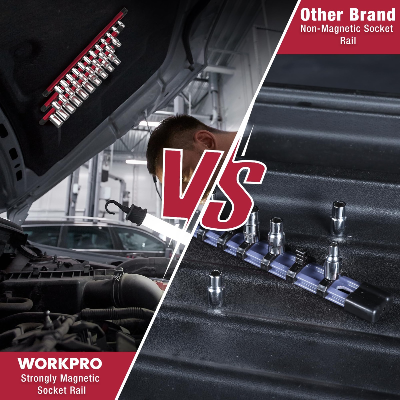 WORKPRO Magnetic Socket Organizer, 1/2-Inch Drive Aluminum Alloy 1/2″ DR, Red