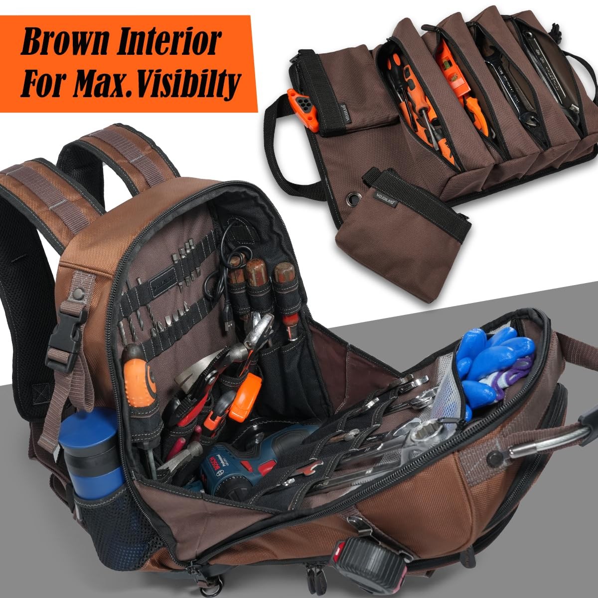 WELKINLAND 70Pockets HVAC Tool Backpack With Medium to Large, Brown & Black