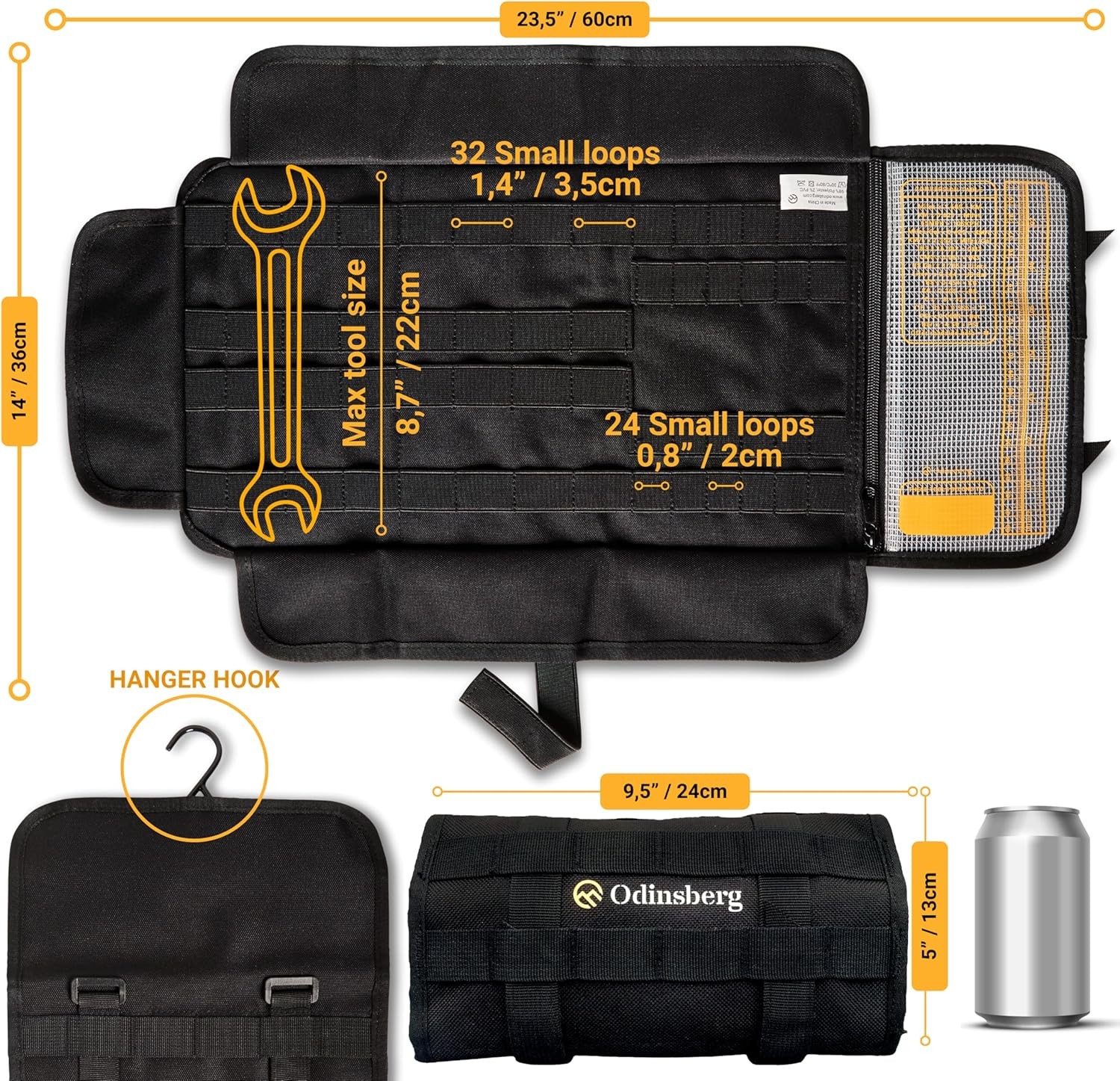 ODINSBERG Motorcycle Tool Roll Bag Tools NOT Included – 14cm x 24cm, Black