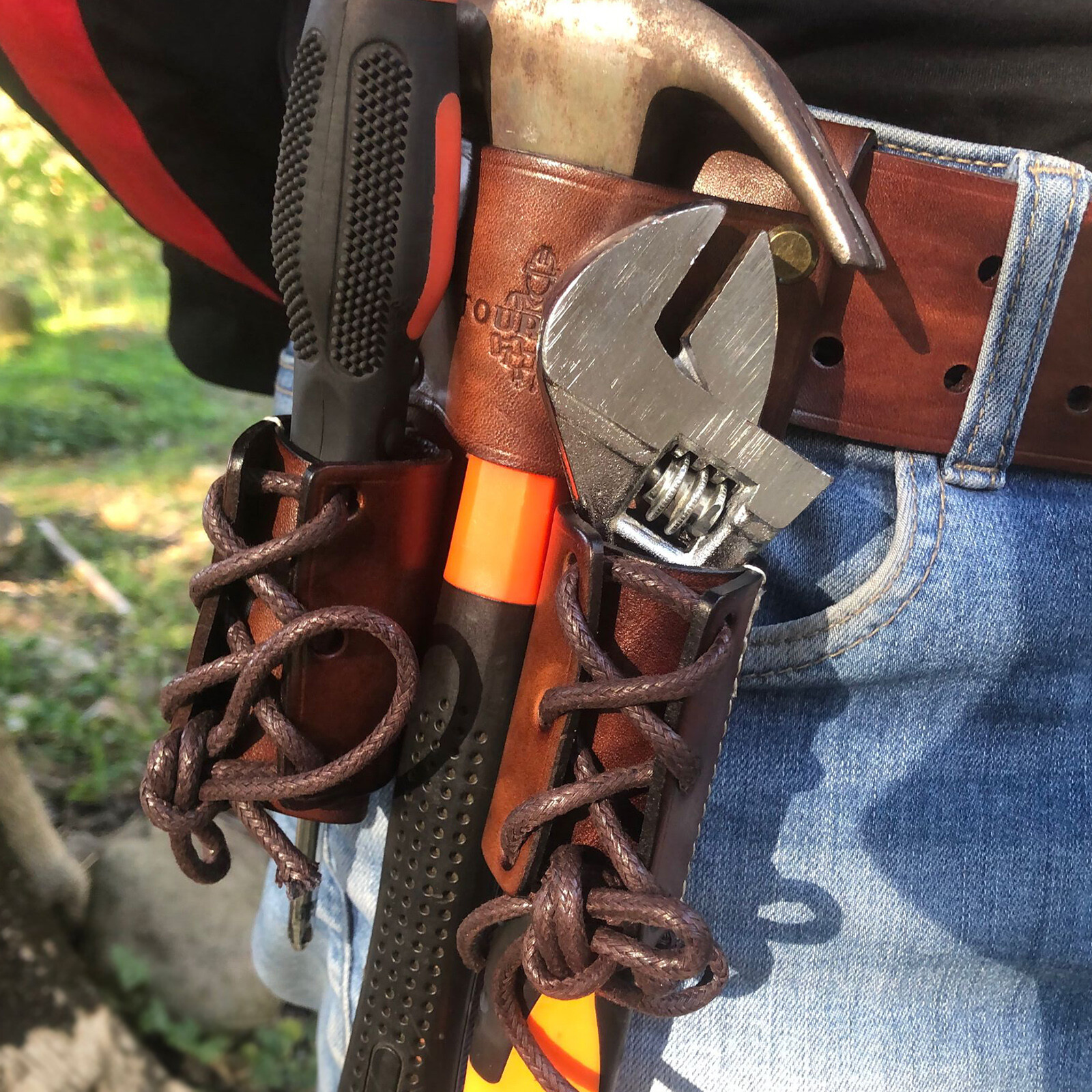 TOURBON Leather Spud Wrench Hanger Tools Carry Double Bull Pin Holder Belt Pouch