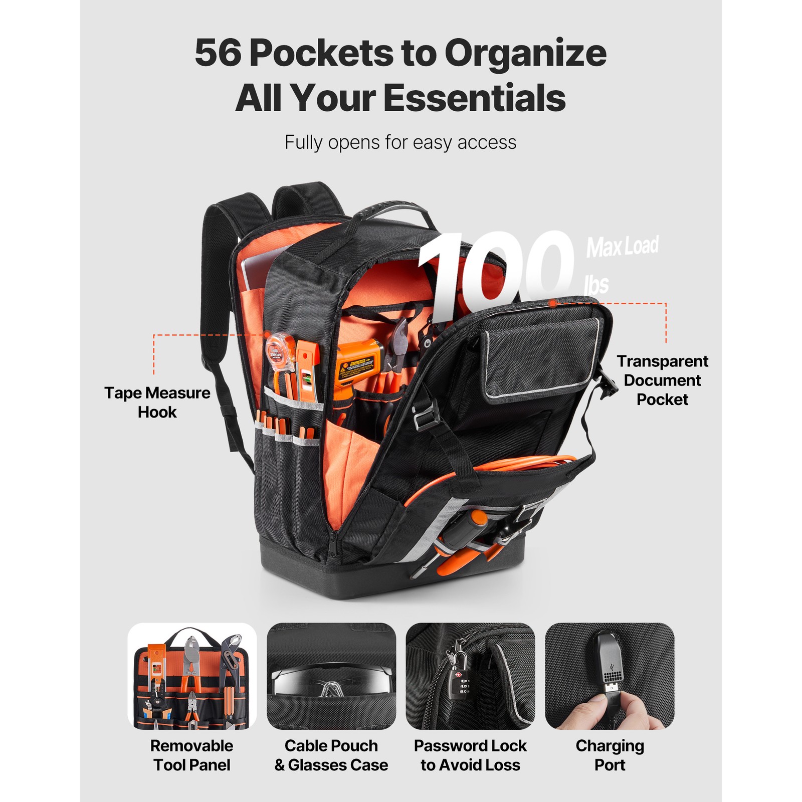 Uimoso Tool Backpack with 56 Pockets, Water-Resistant Design for Electricians