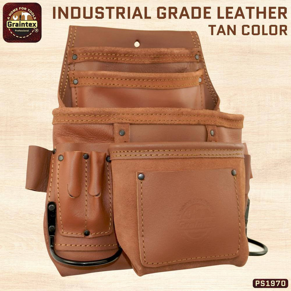 10-Pocket Nail and Tool Pouch Tan Color Industrial Grade Leather W/2 Hammer Hold