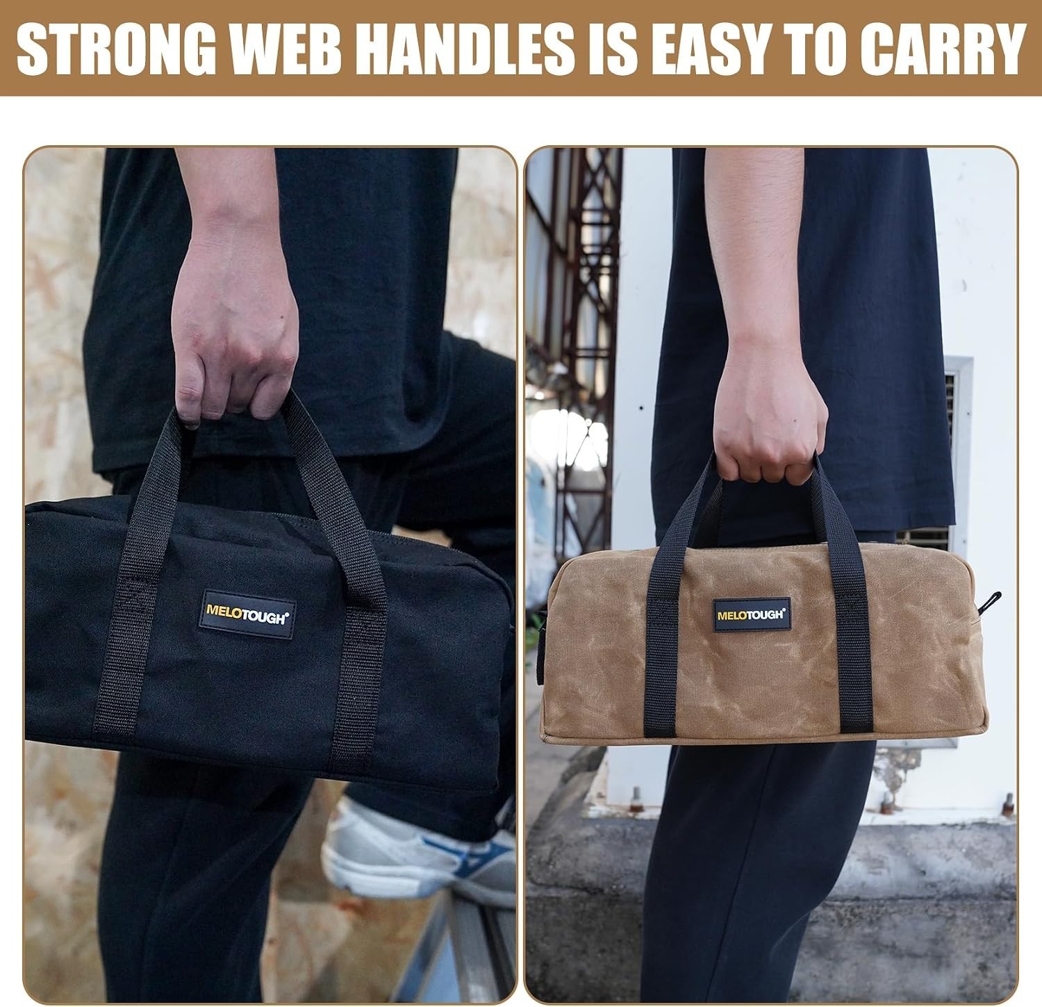 Sturdy 14” Waxed Canvas Utility Tote Pack with Dual Storage Bags – Tan & Black