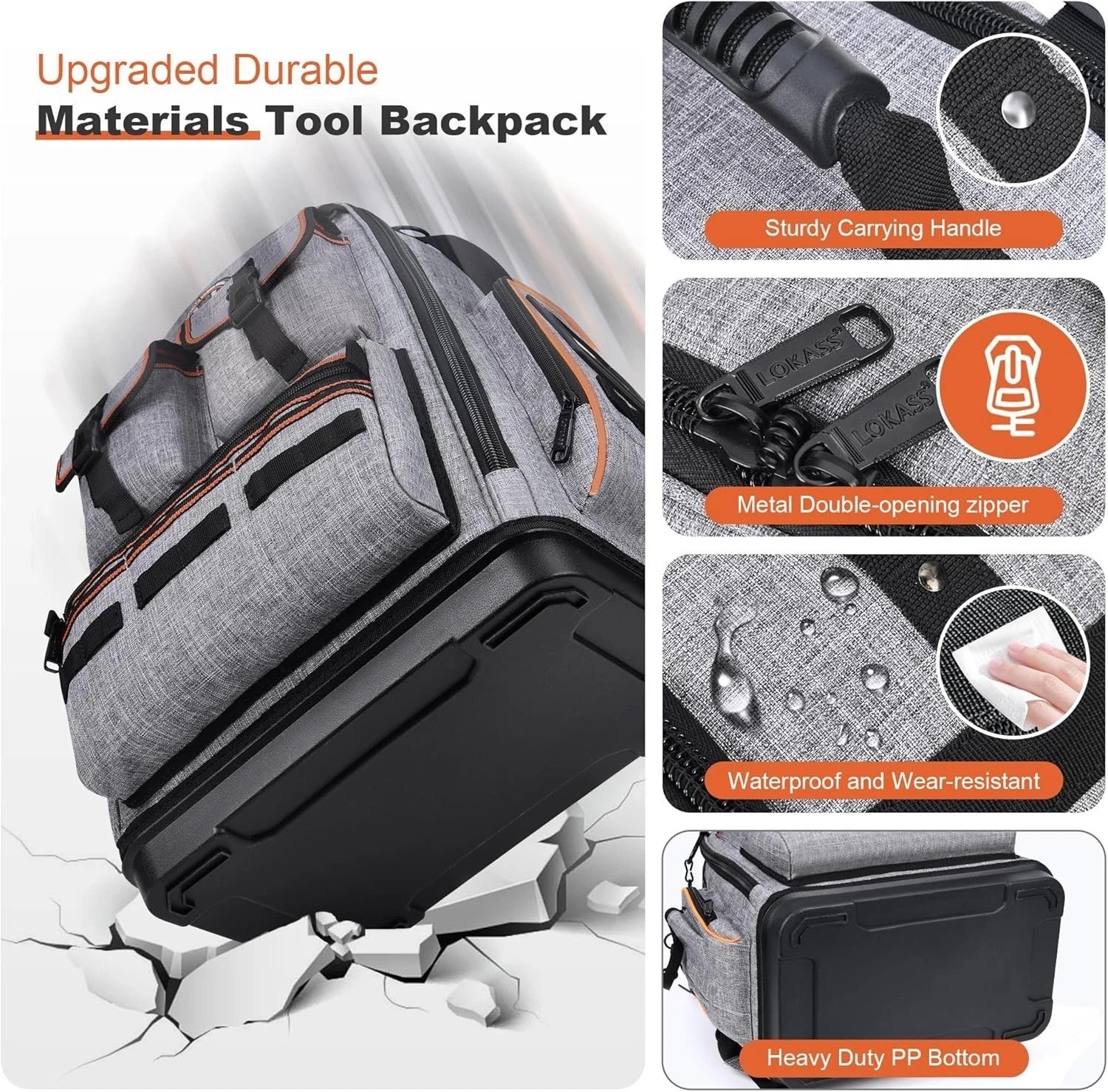 Professional Tool Backpack: Gray, 1680D Ballistic, Laptop Compartment