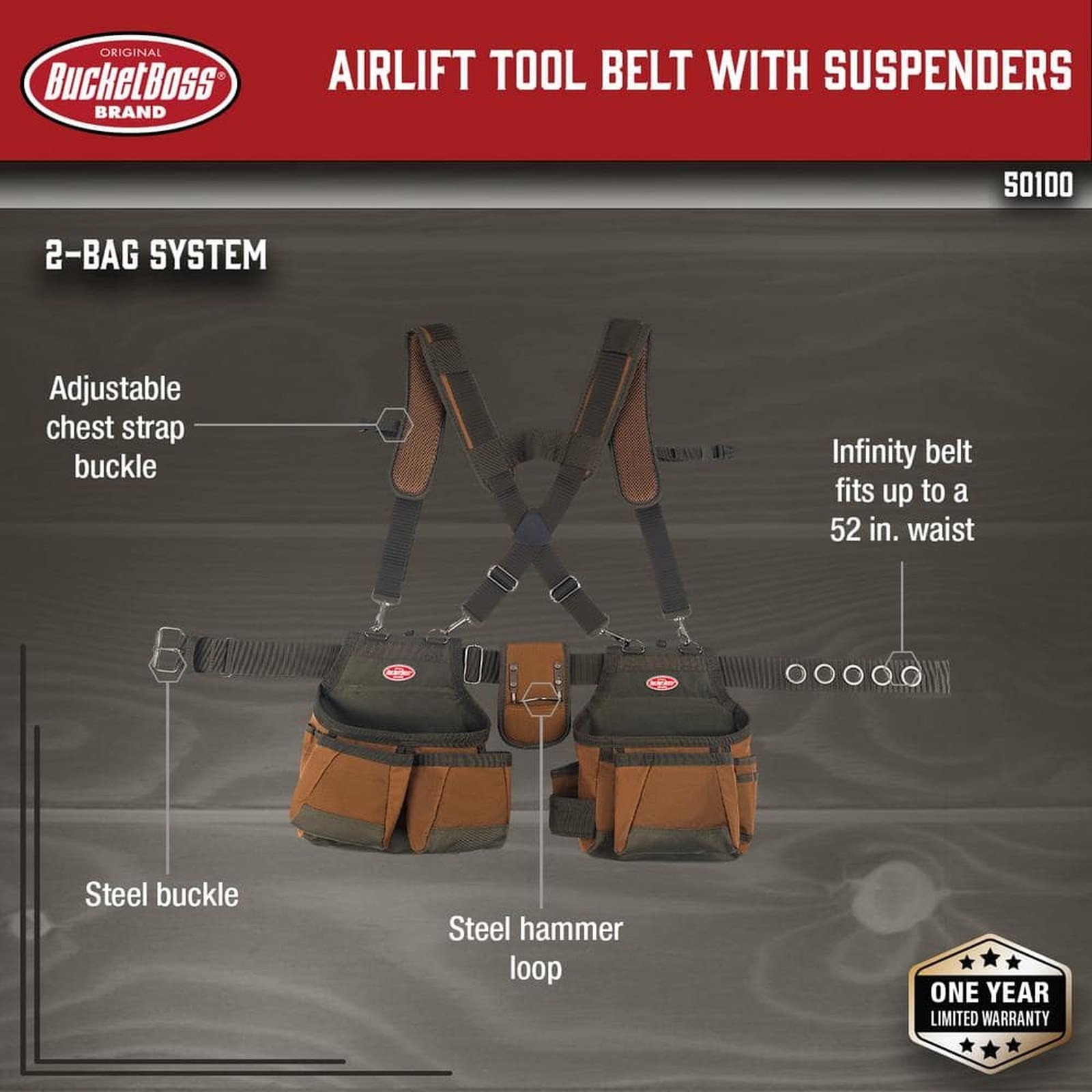 BUCKET BOSS 23 in. 10-Pocket Airlift Suspension Rig Tool Belt