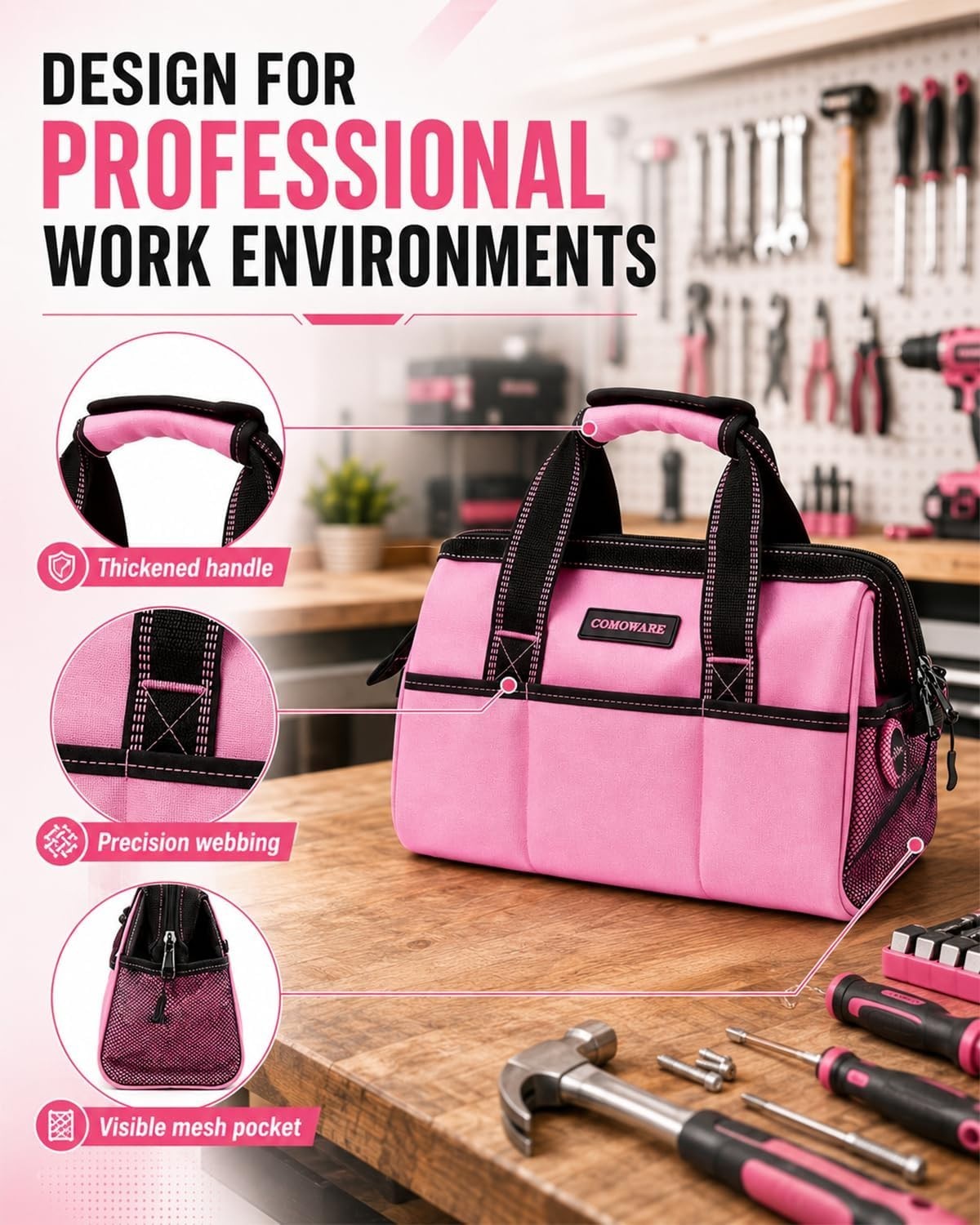 13-Inch Tool Bag, Pink Soft Storage Bags with Inside Pockets, Wide Mouth Pink…