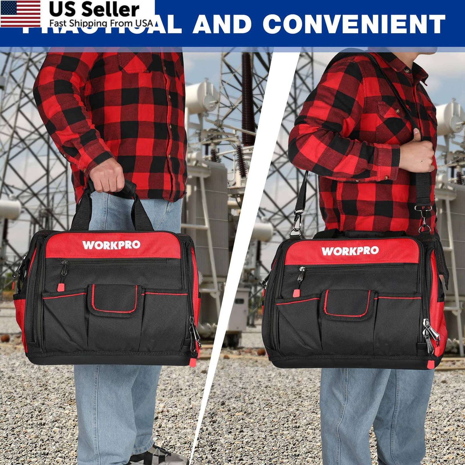 WORKPRO 16″ Top Wide Mouth Tool Bag with Water Proof Rubber Large, [‘Black’]