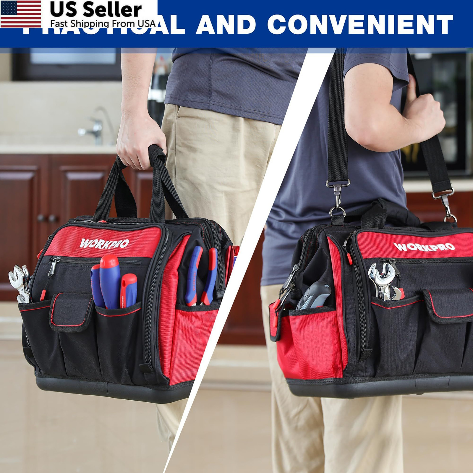 WORKPRO 16″ Top Wide Mouth Tool Bag with Water Proof Rubber Large, [‘Black’]