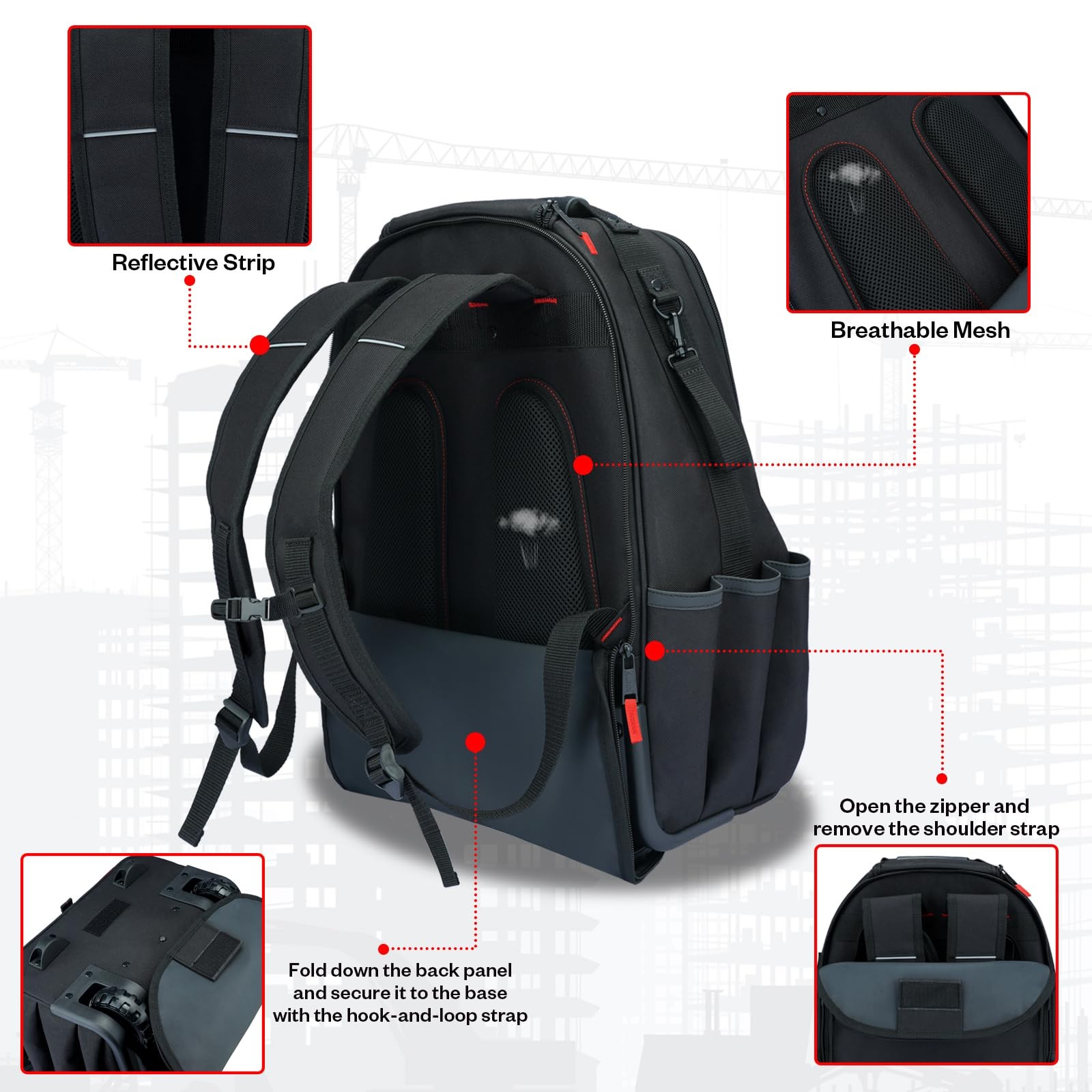 Kunn Rolling Tool Backpack Wheels Heavy Duty 37-Pocket Roller Tool Bag Backpack