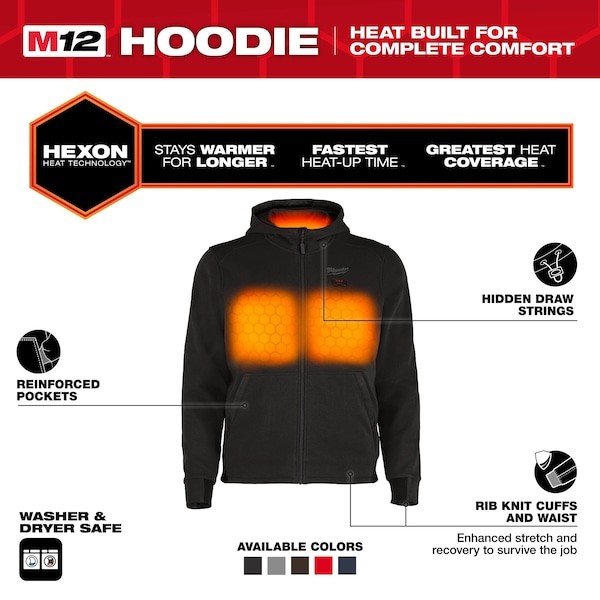 Milwaukee Tool M200b-212X Men’s Heated Hoodie, Up To 8 Hours Time, Zipper
