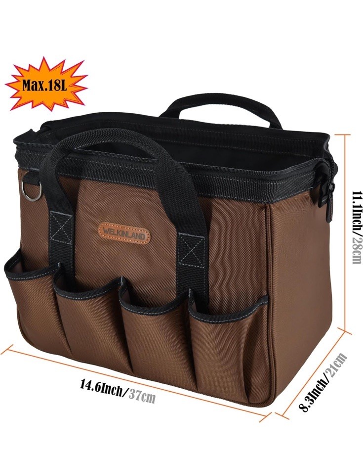 WELKINLAND 17-Pockets Brown 14” Tool Bag, With Shoulder Straps, New In Box