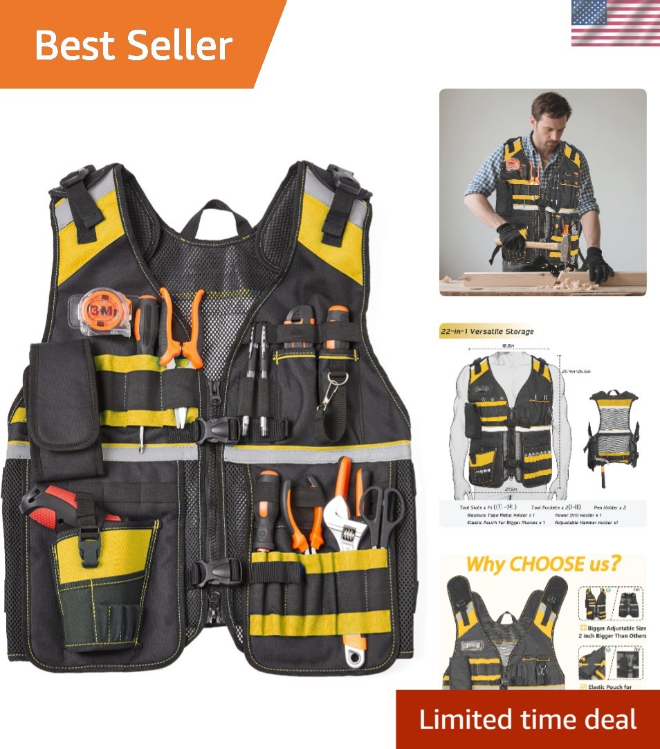 Reflective Electrician Tool Vest with 22 Pockets & Adjustable Straps – S-3XL