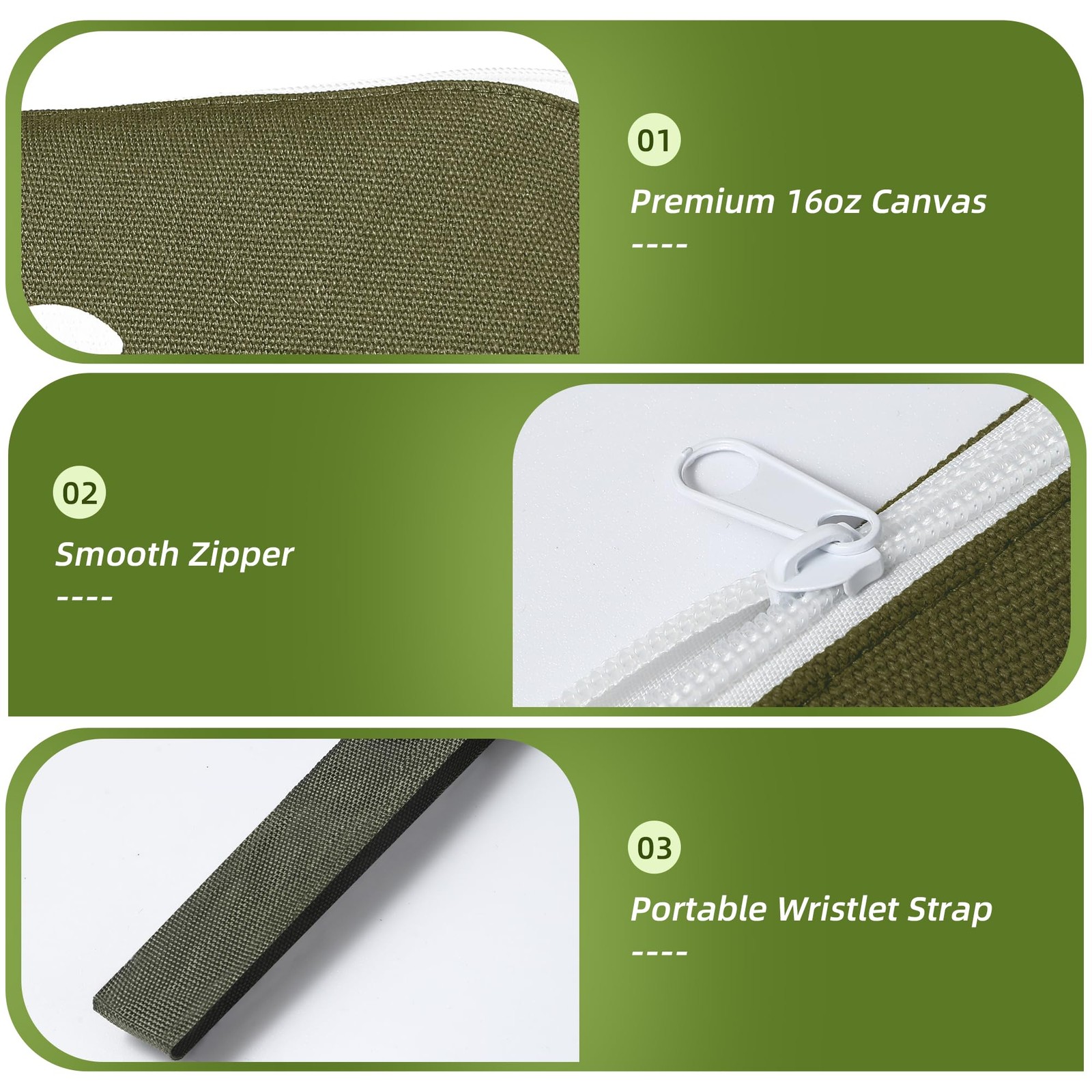 Tool Pouch Zipper Bag, 16oz Pure Cotton Canvas 12.5 inches, Green