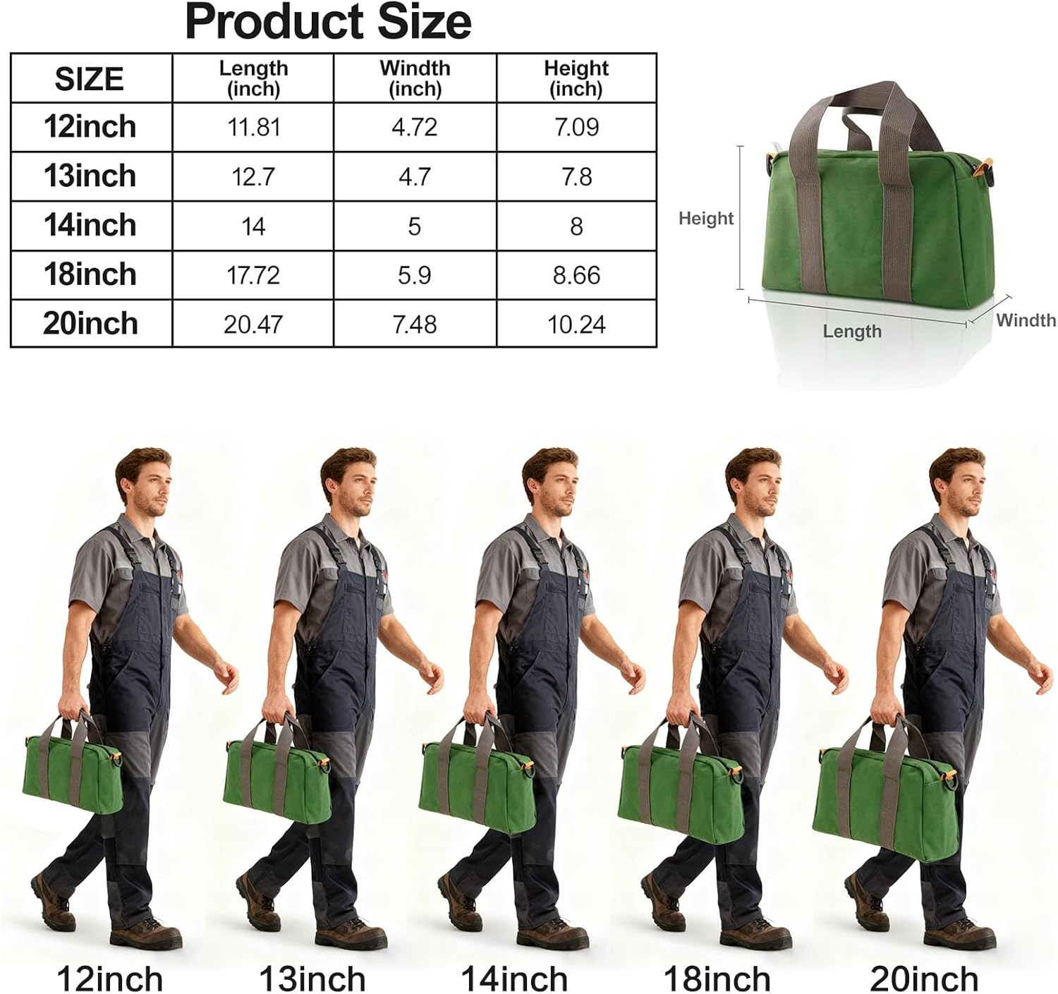 12″ Canvas Tool Bag Zipper Storage Tote Organizer Electrician Gardening Green