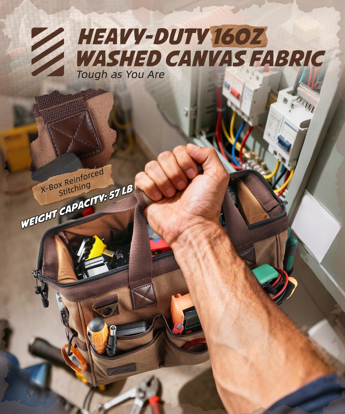 Canvas Large Electrician Tool Storage Bag Large-Opening Tool Bag Tote Crossbody