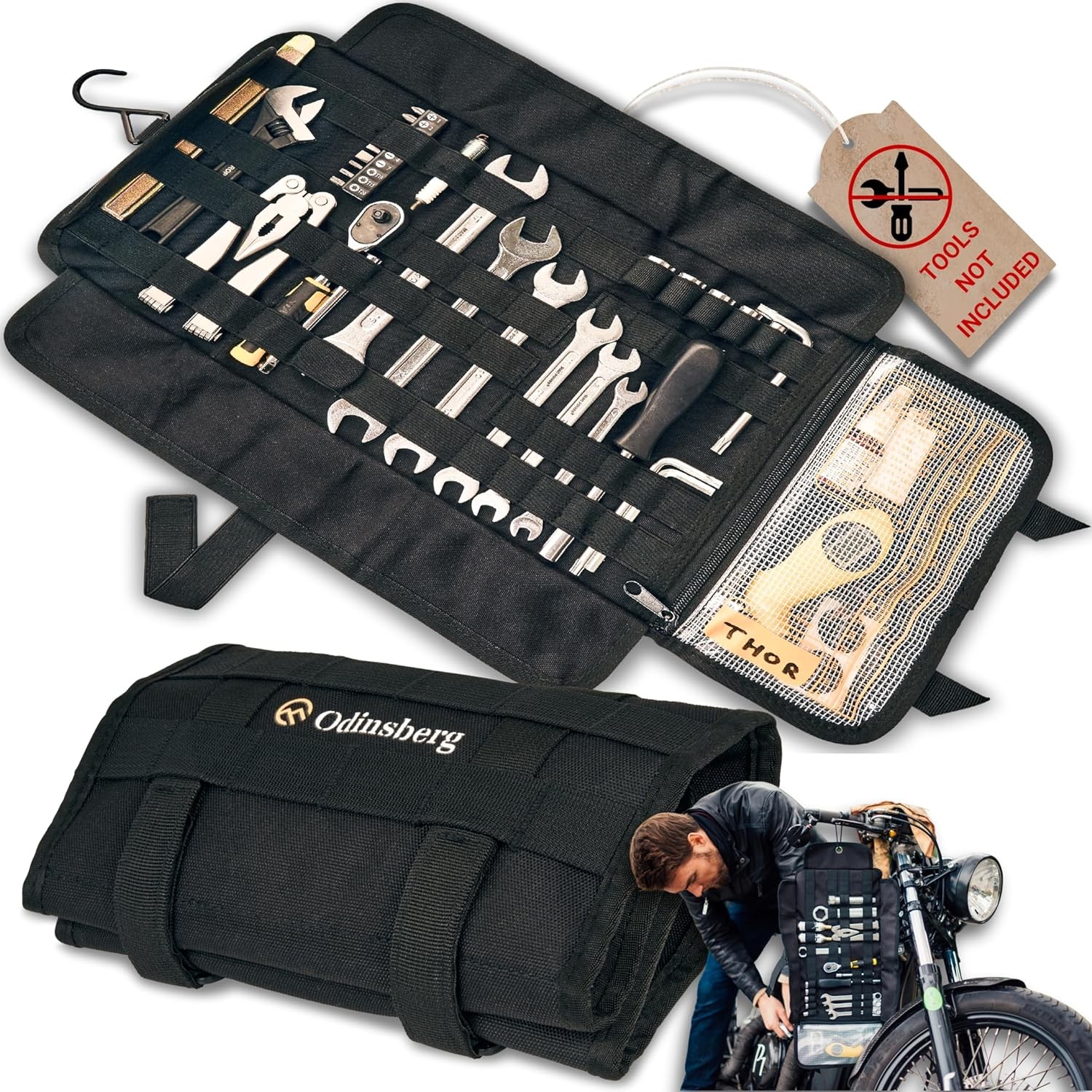 ODINSBERG Motorcycle Tool Roll Bag Tools NOT Included – 14cm x 24cm, Black