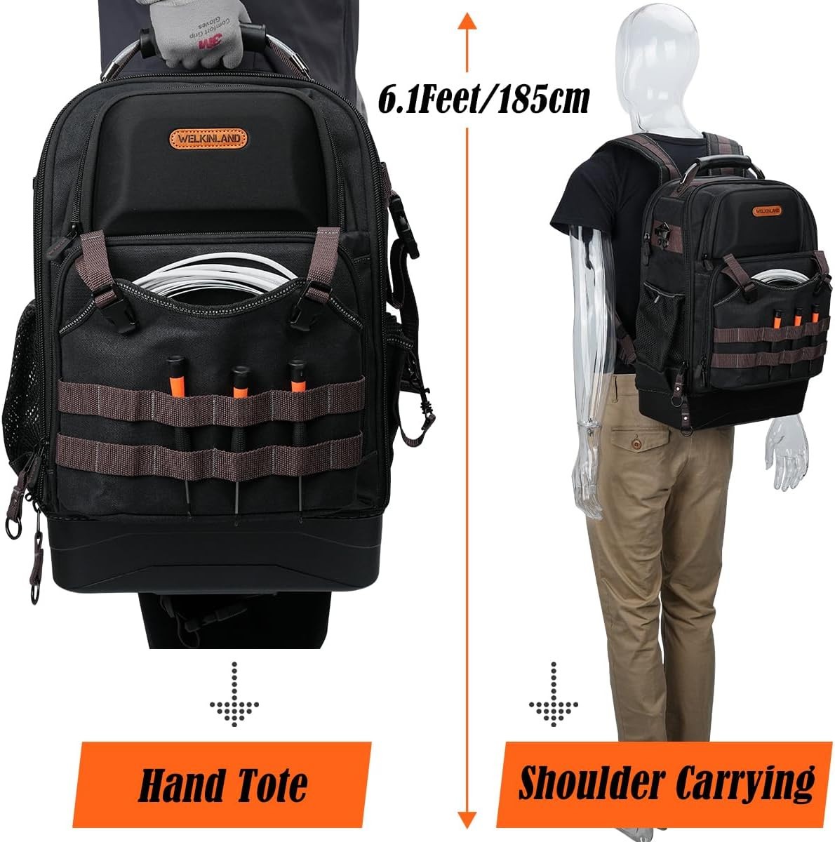 WELKINLAND 76 Pocket Hard Bottom Tool Backpack w/ 16″ Laptop Compartment