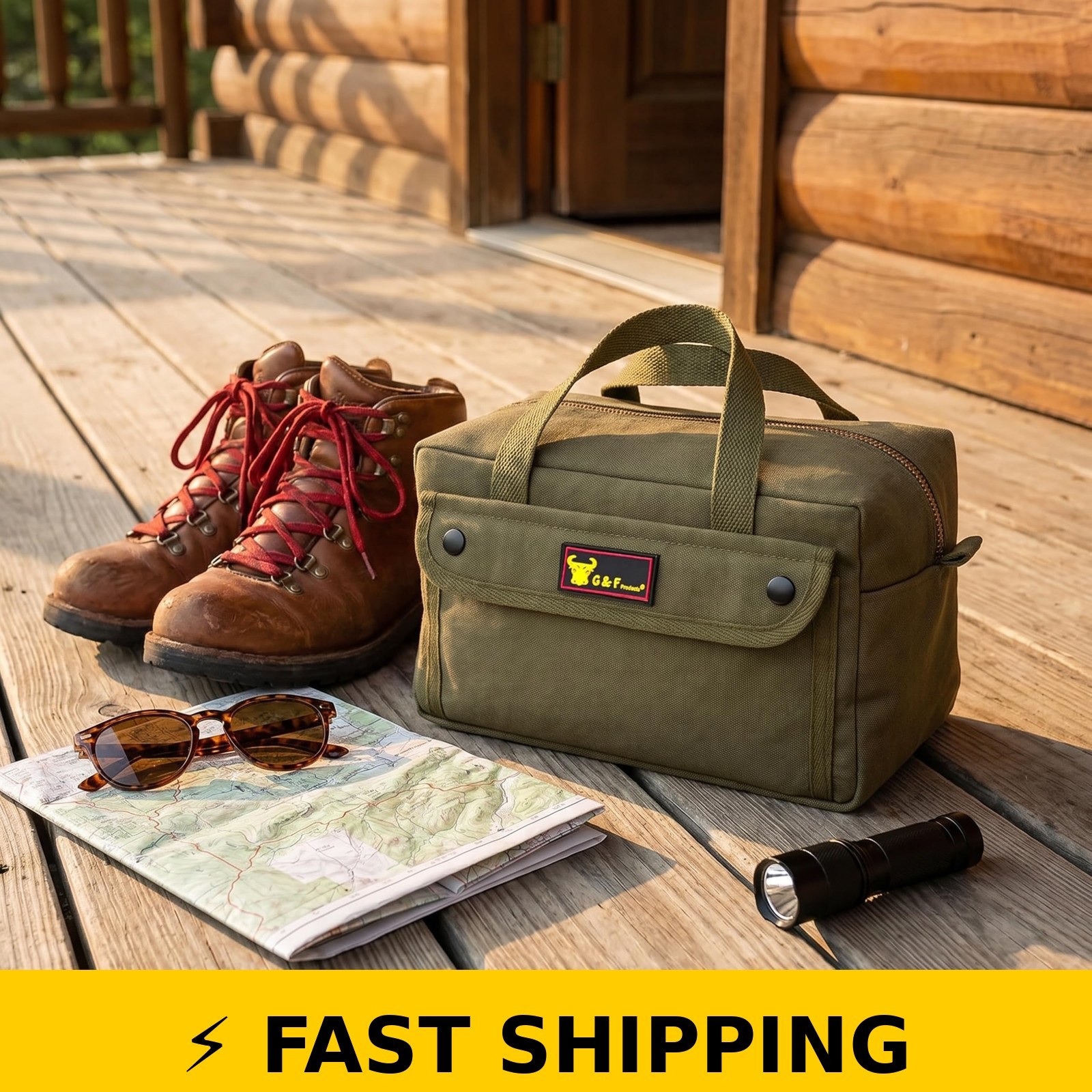 G & F Waxed Canvas Duffle Bag, 11″ Compact Travel Bag, Olive Green