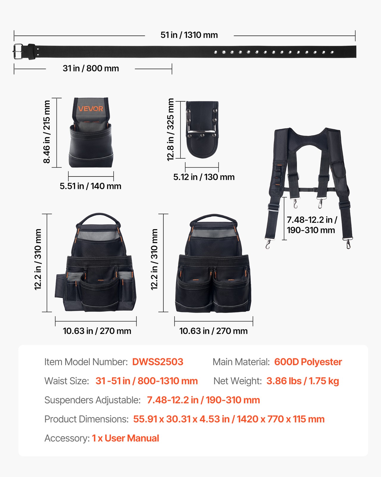 VEVOR Tool Belt Electricians Work Belt with Suspenders 19 Pocket Tool Pouch Bag