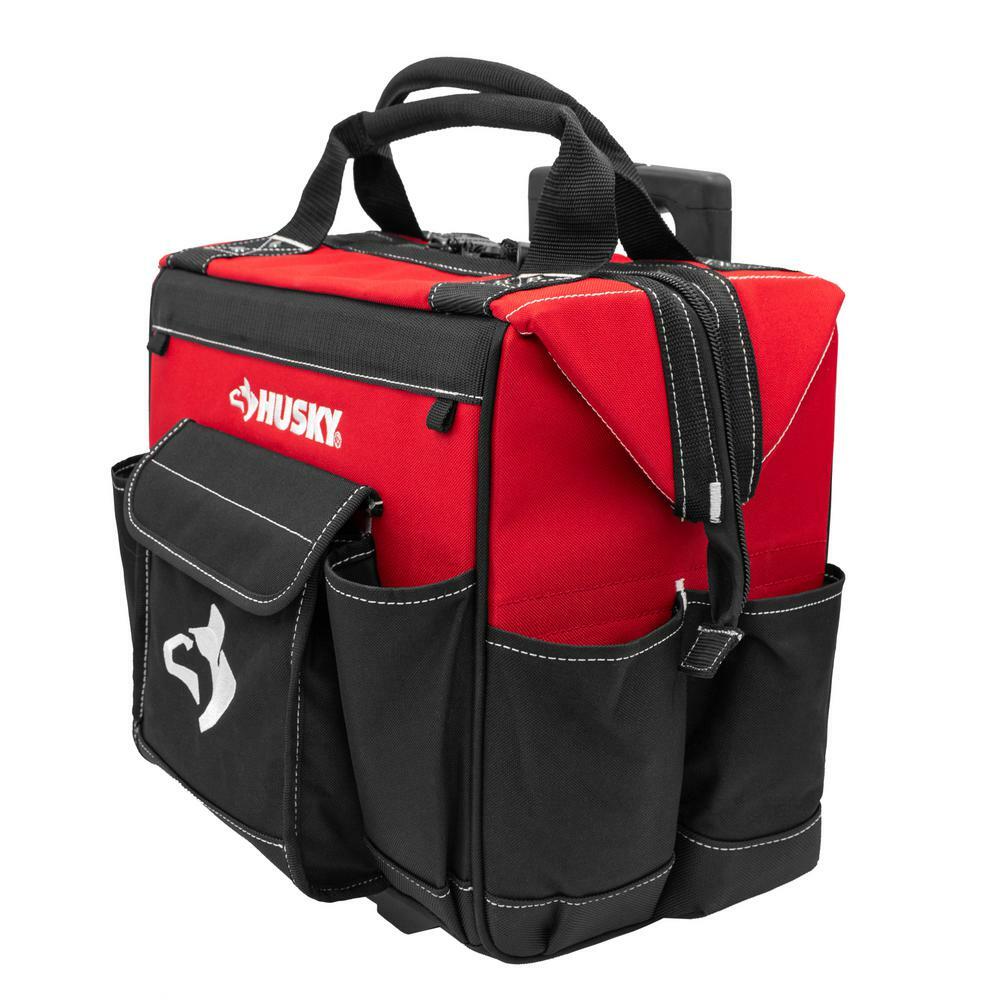 14 in. Zipper Top Rolling Water Resistant Tool Tote Bag in Red with 13 total