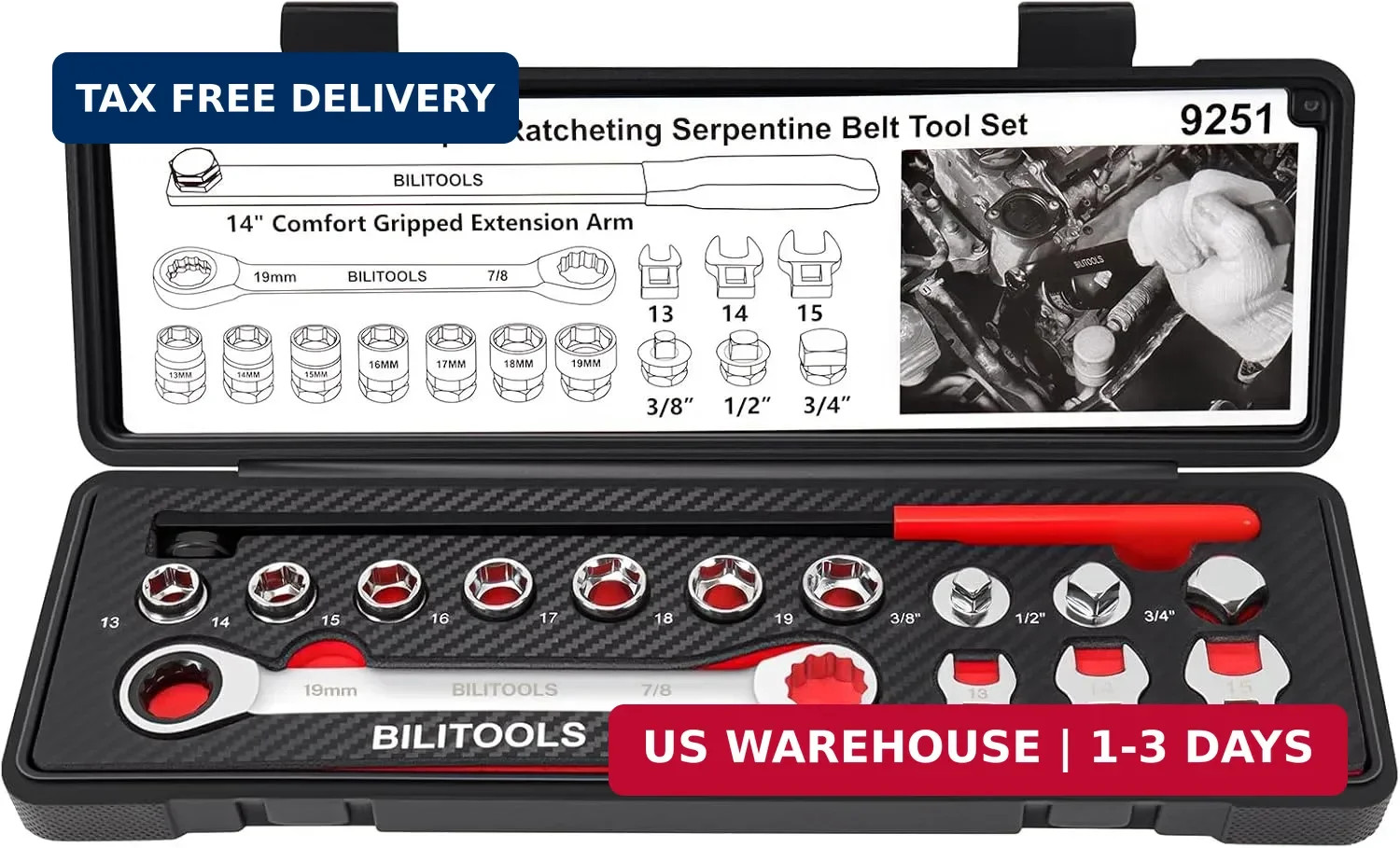 BILITOOLS 15-Piece Universal Serpentine Belt Tool Set,Belt Tensioner Tool Kit wi