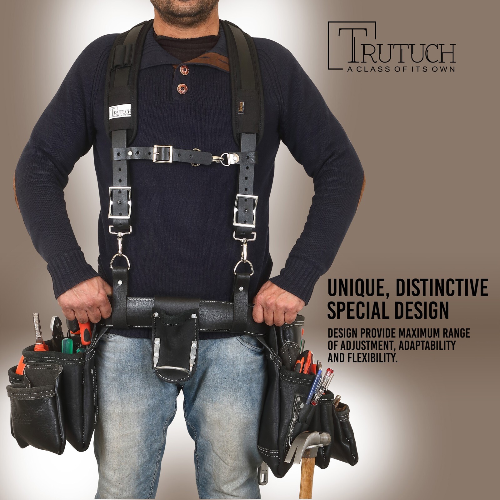 Trutuch Black Leather Tool Belt with Suspender | 18 Pockets | Framers Tool Belt
