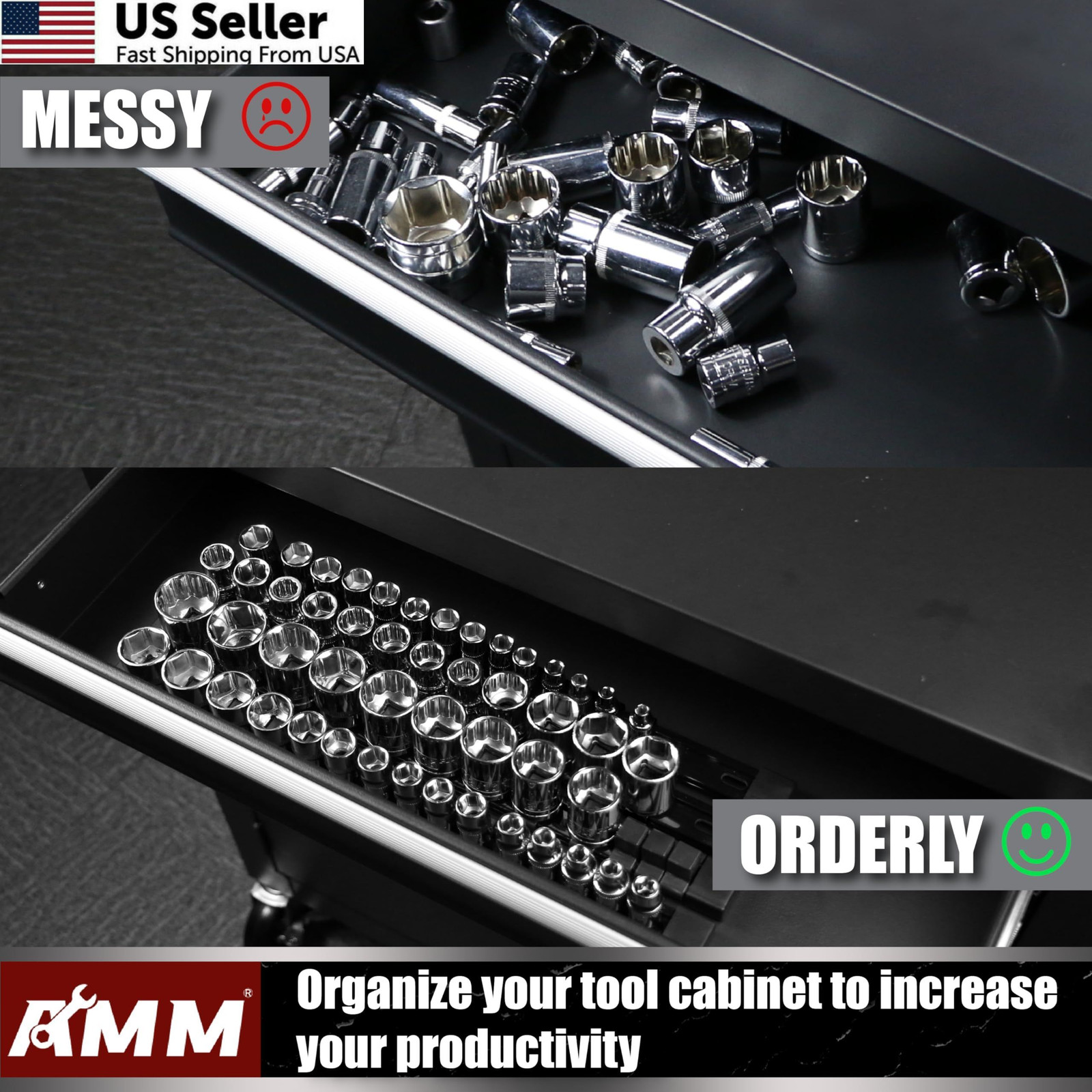 AMM 9-Piece Socket Organizer, 1/2 inch, 3/8 inch and 1/4 9PC, BLACK
