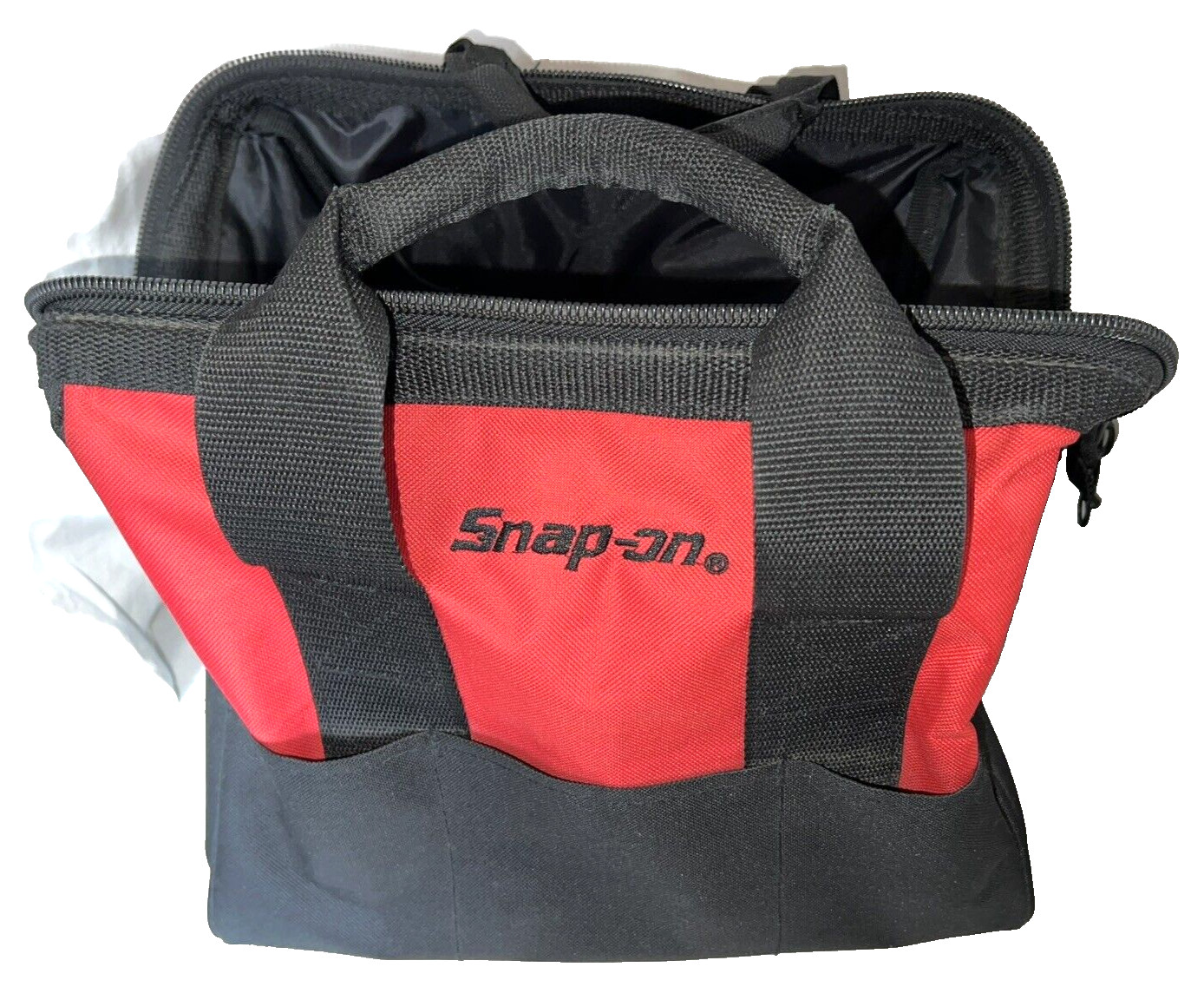 Snap-On Tool Bag Red Wide Mouth Zipper Close Double Handle Outer Sleeve Pockets