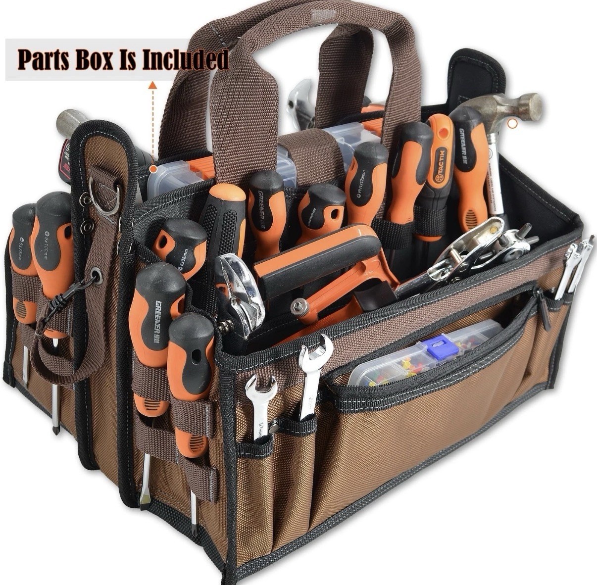 WELKINLAND 20-Pockets Tool Tote Bag, 16″ Electrician Black/Brown
