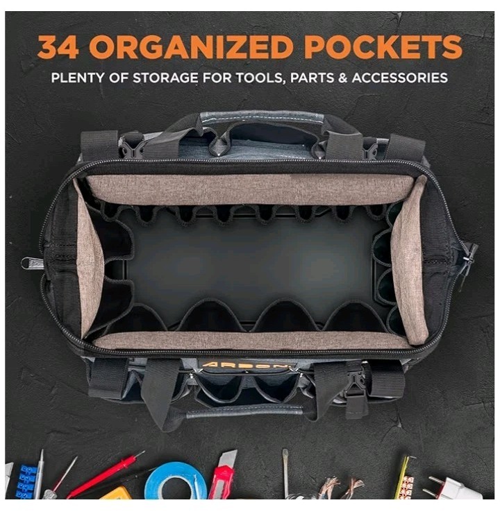 Arbon Electrician Tool Bag Heavy Duty Organizer with 34 Pockets Large Storage.