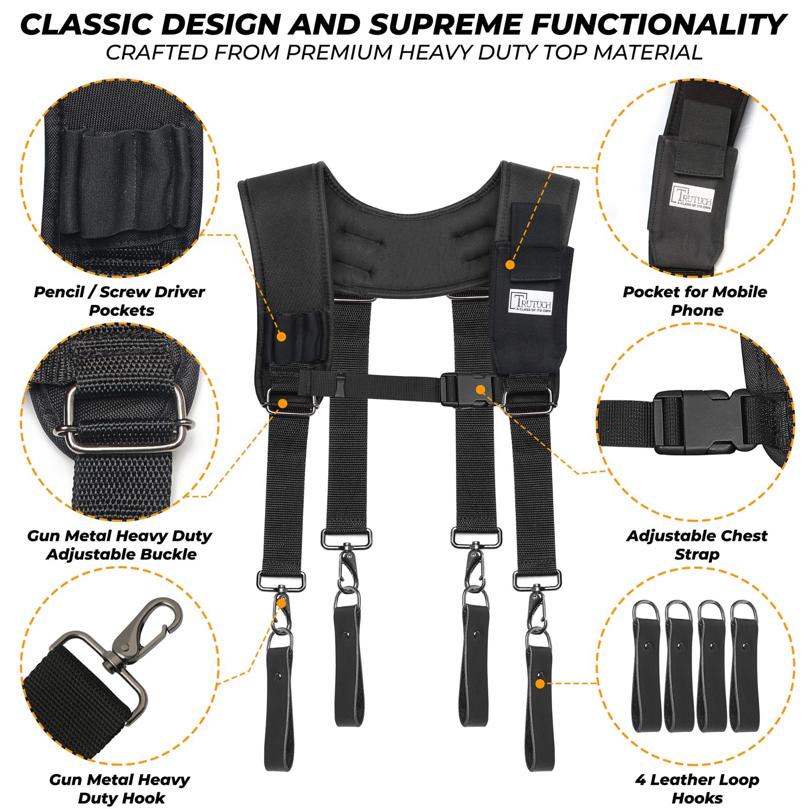 Trutuch Black Nylon Work Suspender With Pockets, Stronghold Suspension System