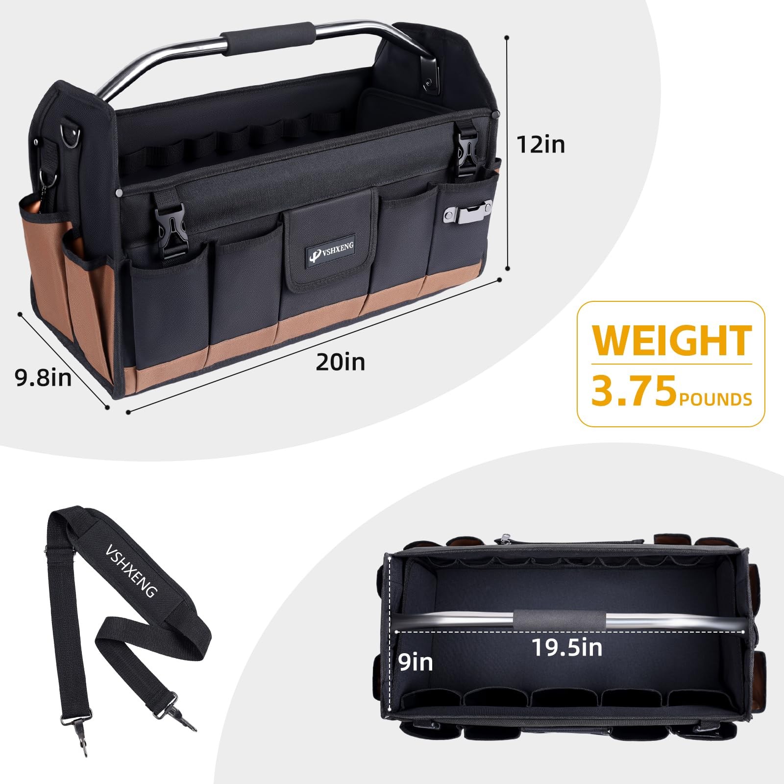 20 Inch Tool Bag Foldable 19 Pockets Organizer Open Top Tote Shoulder Strap