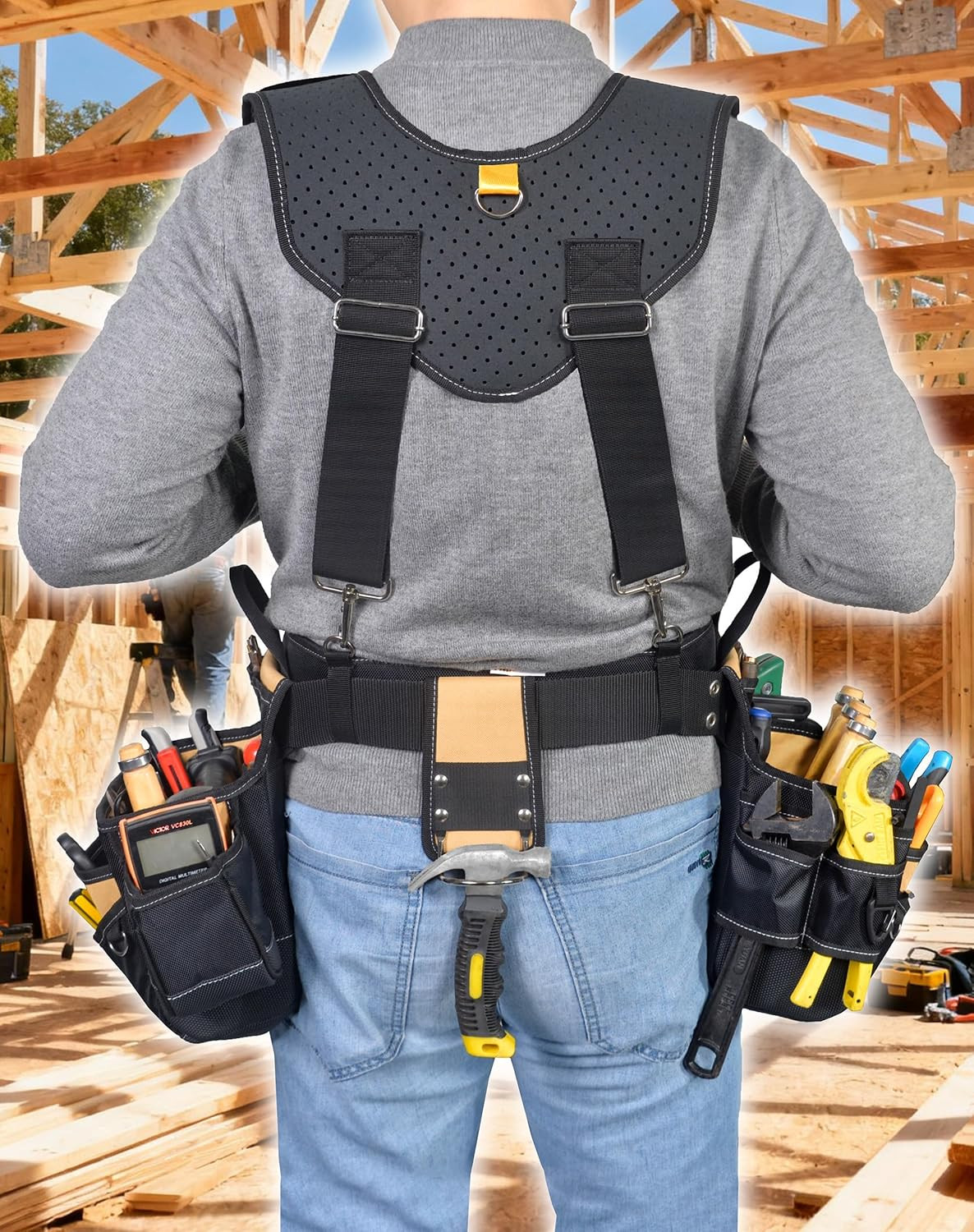 Professional Tool Belt with Suspenders 42 Pockets 1680D Durable Fabric, Heavy Du