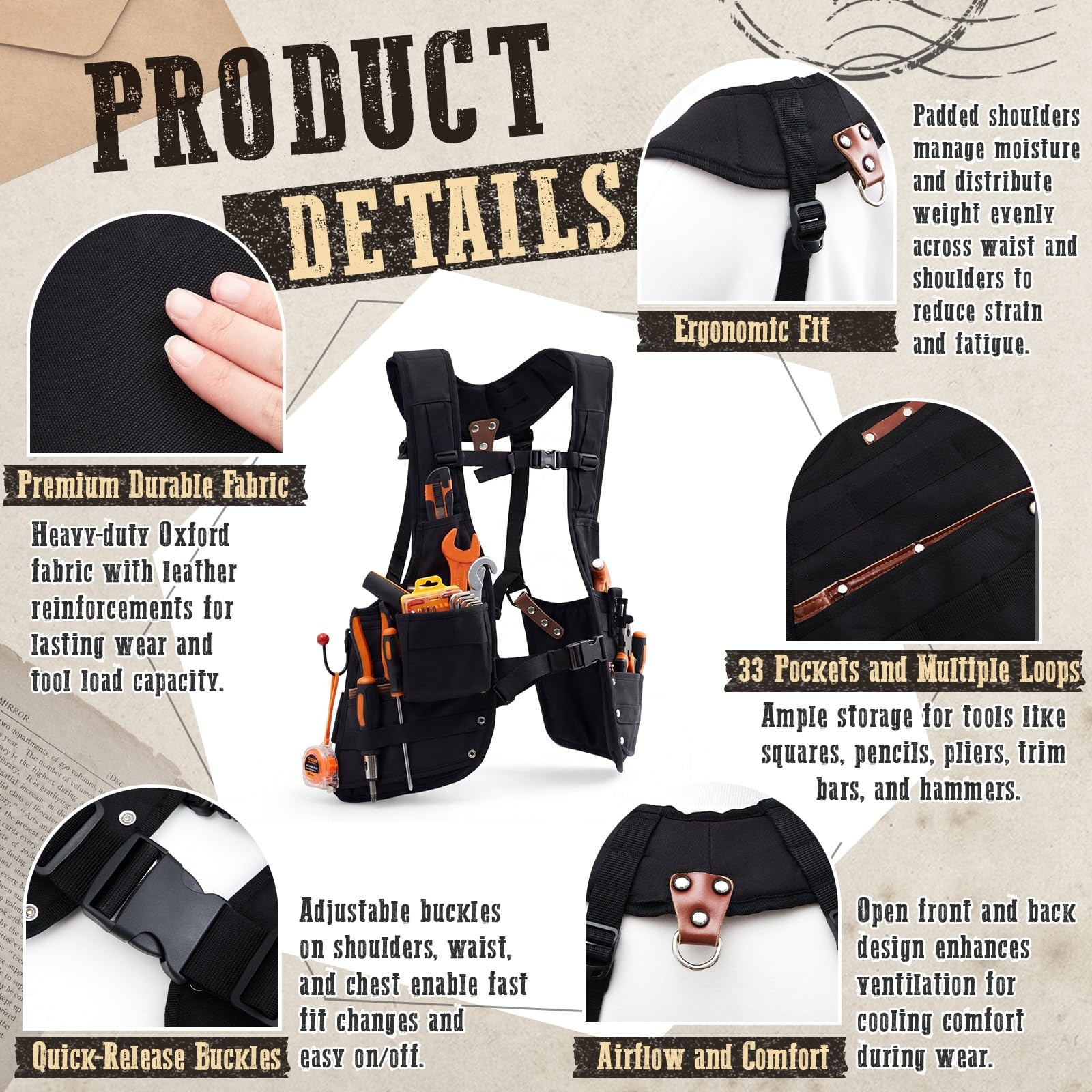 1 Pack Tool Vest with Leather, 33 Pockets with Removable Nail Pouch and Drill.