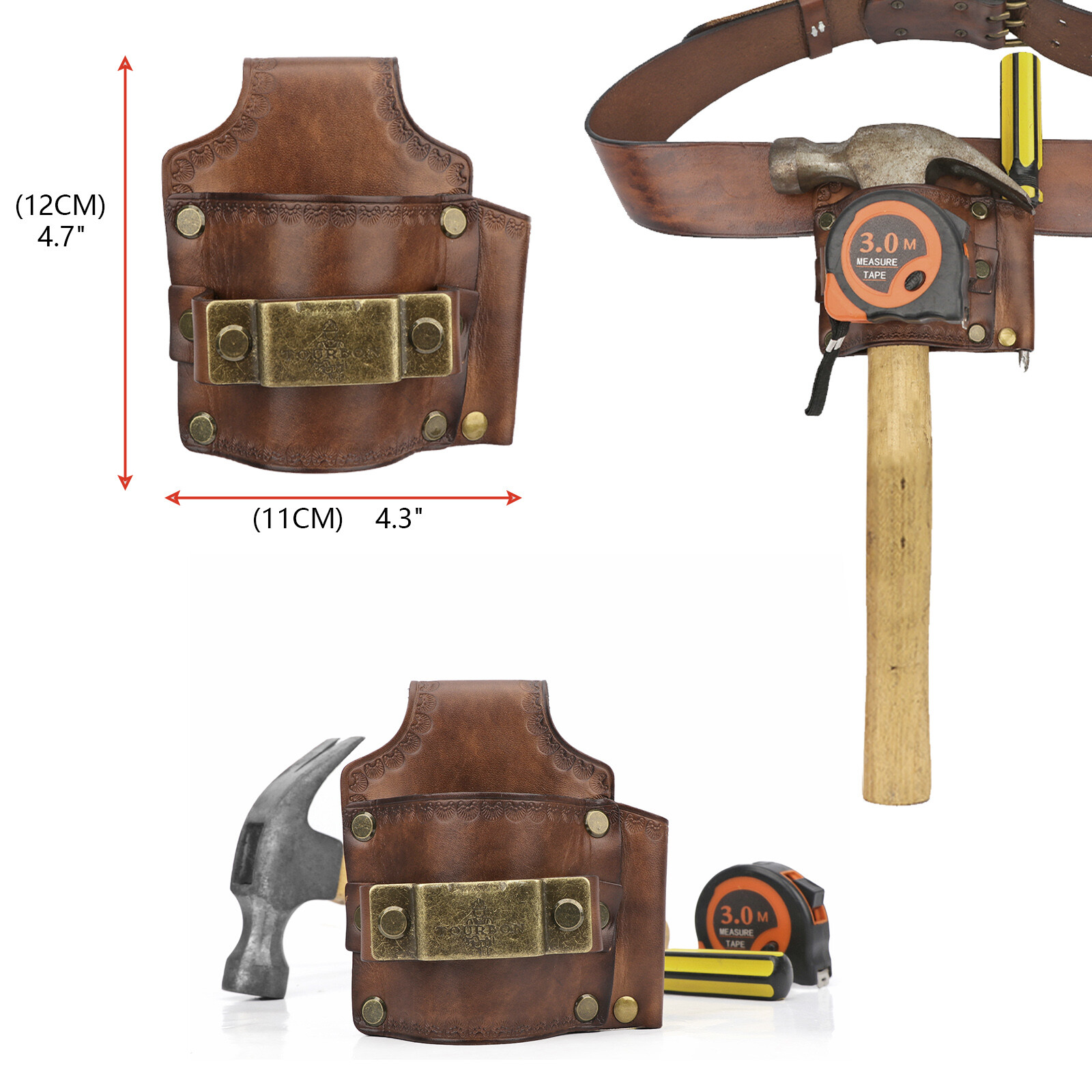 Tourbon Leather 3-in-1 Tools Belt Pouch Hammer Holster Tape Measure Holder Case