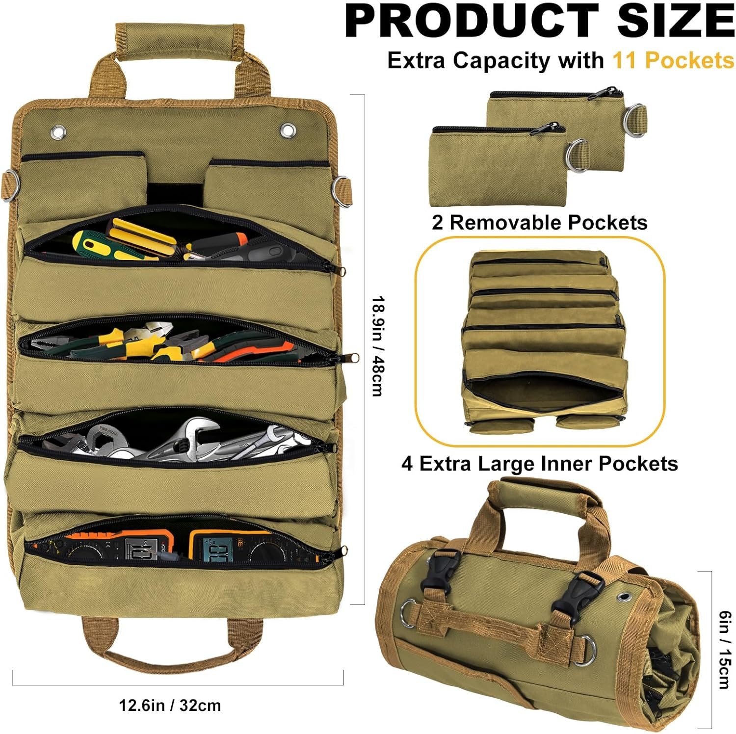 Roll Up Tool Bag Heavy Duty Tool Roll Up Bag 4 Pockets w/Detachable Tool Pouches