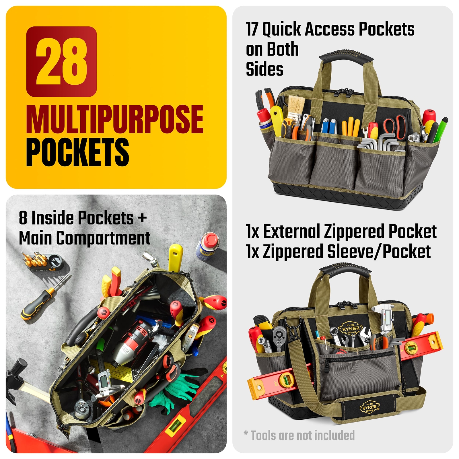 16inch Extra Heavy Duty Large Tool Bags For Men/women. 28pockets Portable Tool B