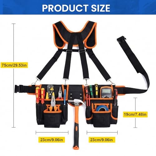 Tool Belt with Suspenders, 18-Pocket Combo Harness System with Orange-black