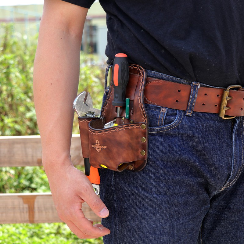 TOURBON Leather Tape Measuring Belt Pouch Knife Holder Contractor Pencil Case