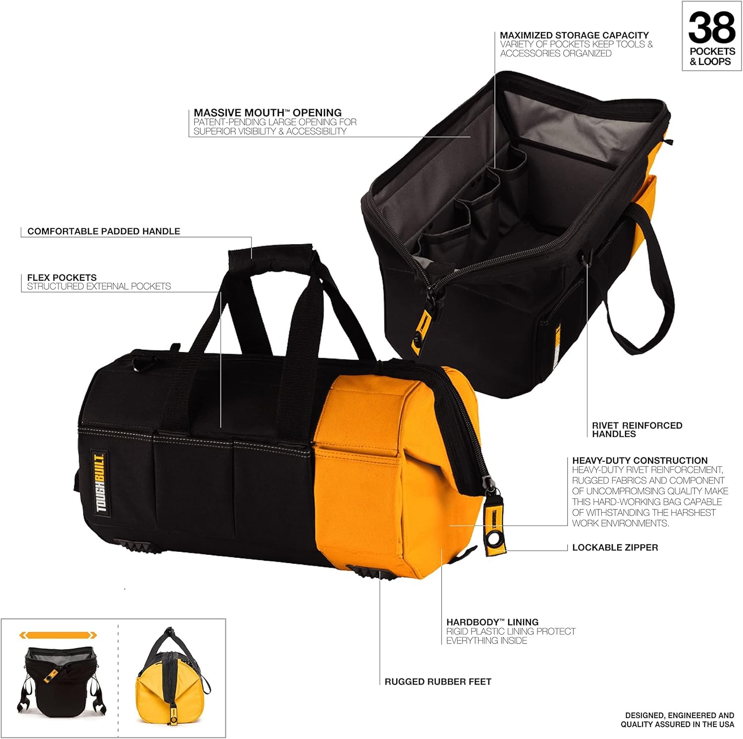 ToughBuilt® 16″ Massive Mouth® Tool Bag,TB-60-16.Heavy-Duty,38 Pockets And Loops