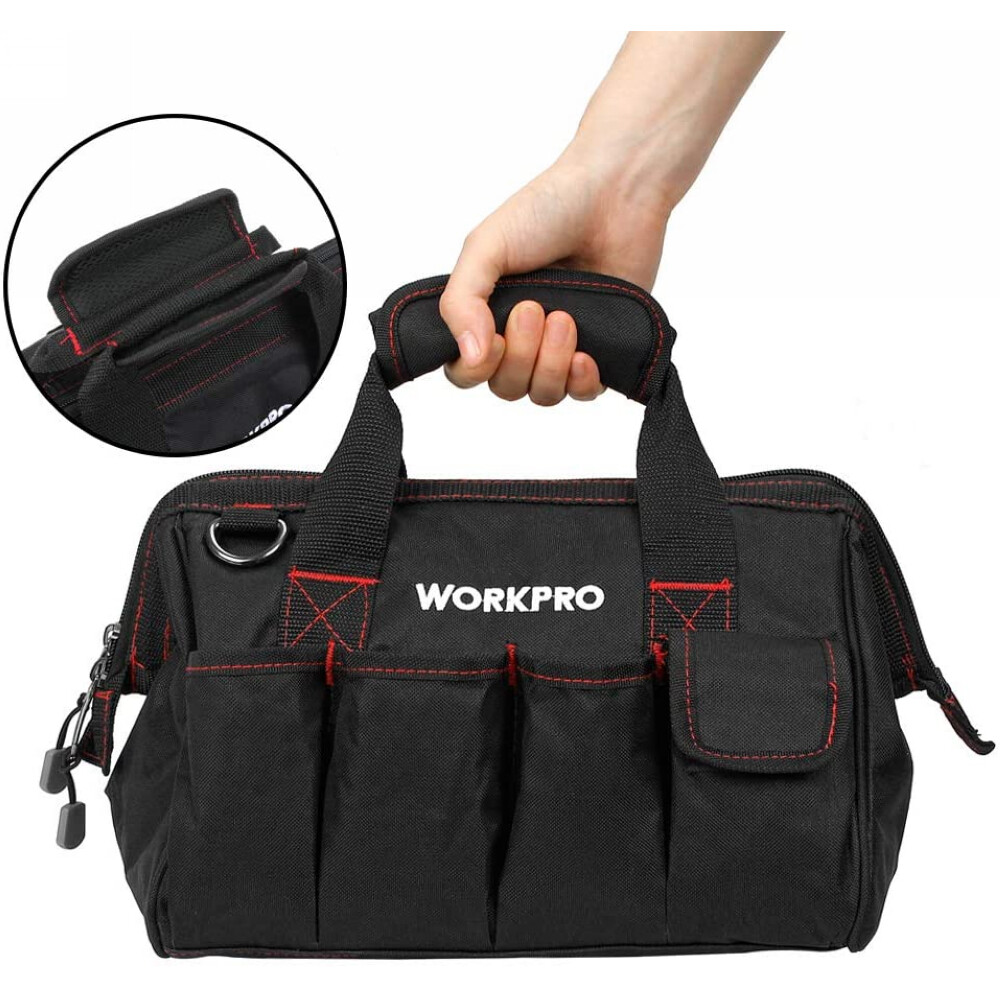 Workpro 12» Storage Tool Bag Close Top Wide Open Mouth Polyester Double Zipper