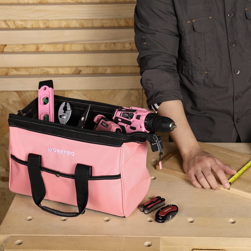 13″ Tool Bag Wide Mouth Tool Tote Bags Heavy Duty Storage Bag Case Blue/Pink USA